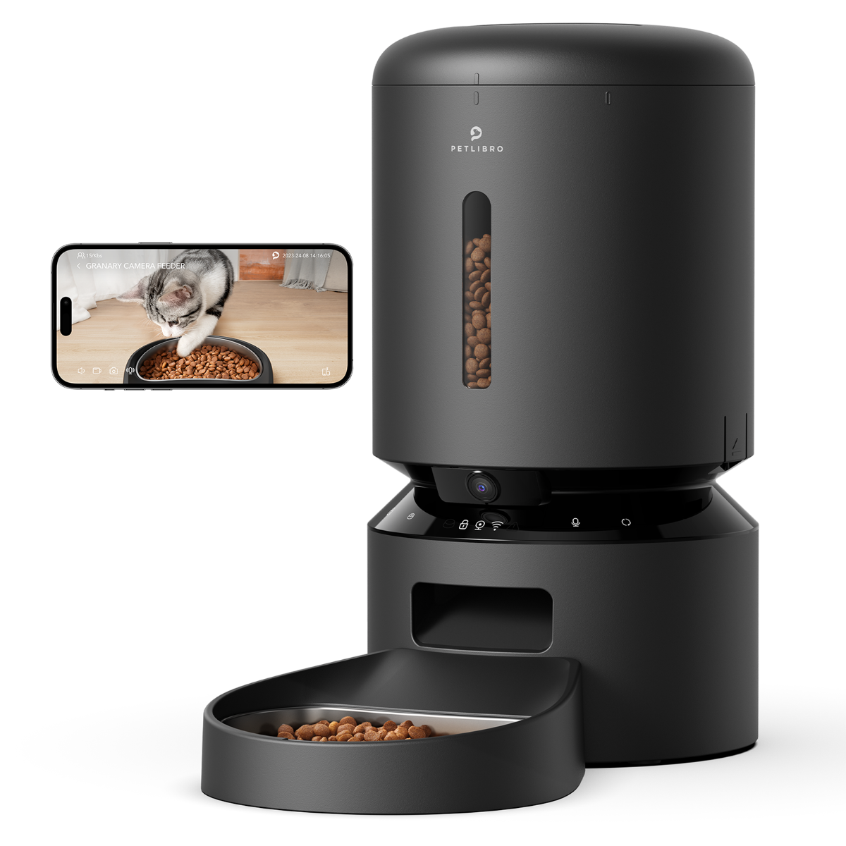 Comedero automático negro PETLIBRO con un gato en la pantalla del teléfono. Dispensa comida.