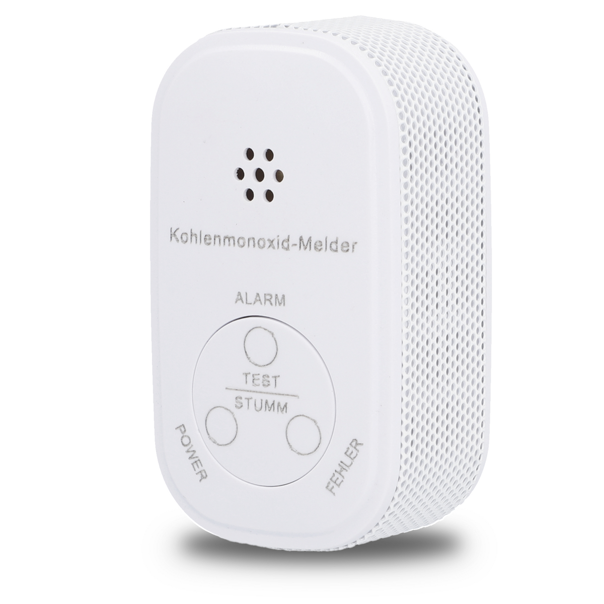 Weißer Kohlenmonoxid-Melder. Mit Alarm- und Testtasten. Weißer Hintergrund.