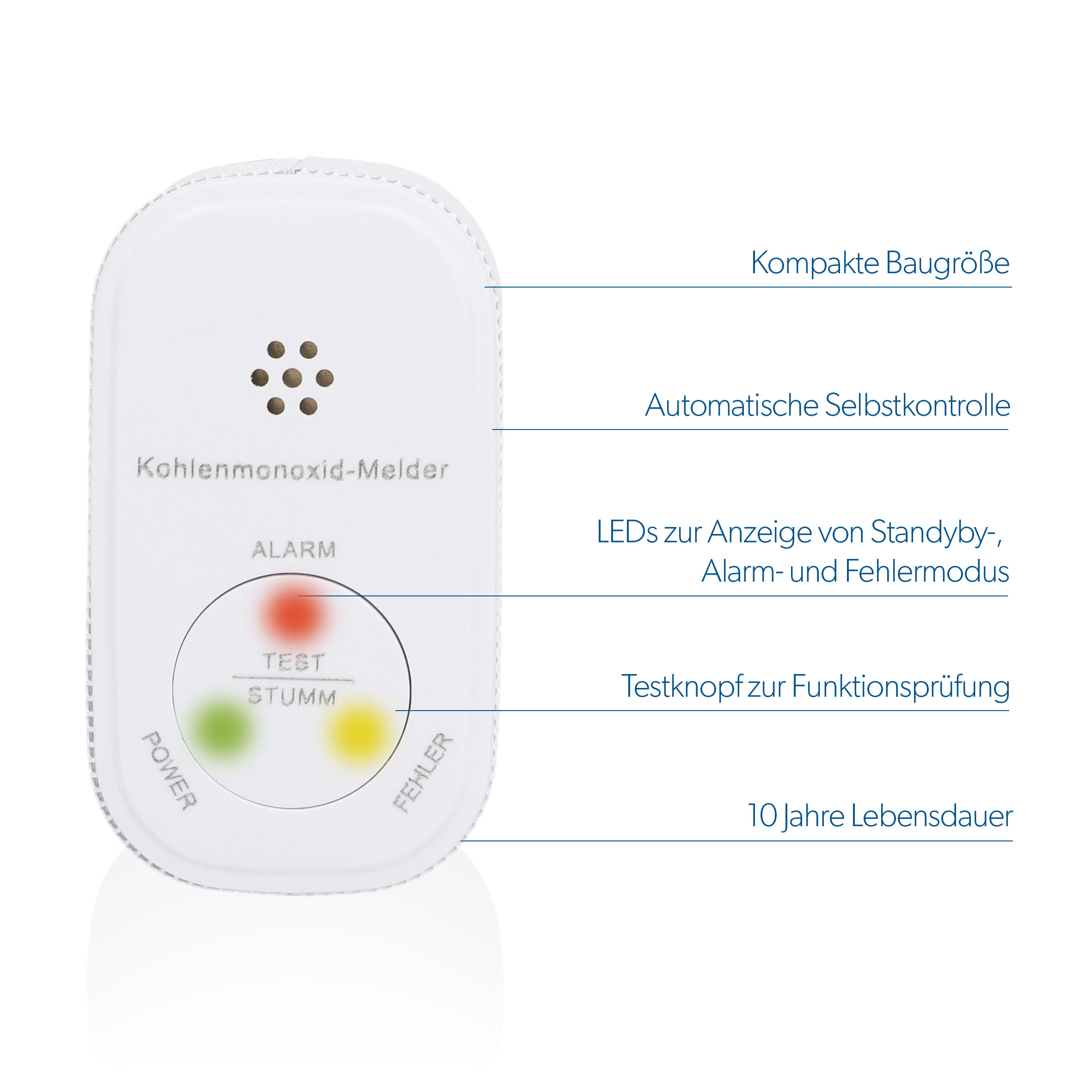 Ein weißer Kohlenmonoxid-Melder mit Anzeigen und einer Testtaste.