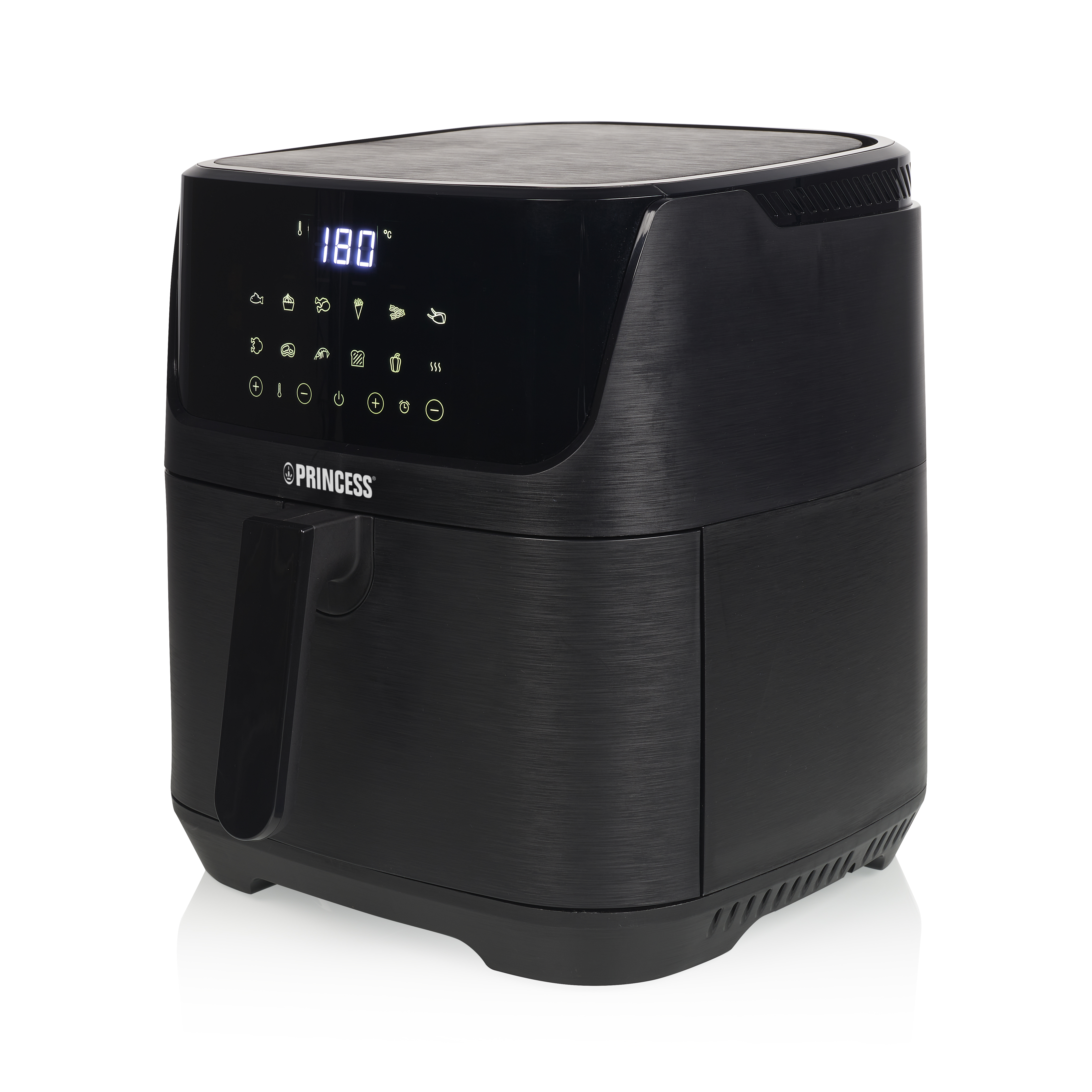 Schwarze Heißluftfritteuse mit Digitalanzeige 180 Grad.