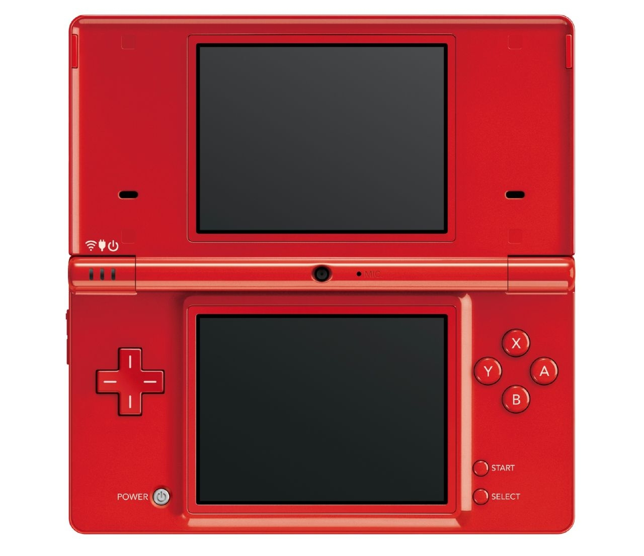 Rotes Nintendo DS geöffnet. Zwei Bildschirme. Knöpfe unten.