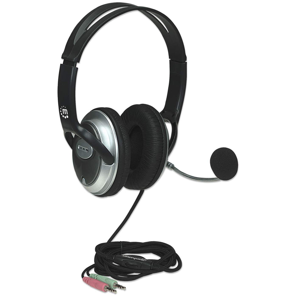 Casque noir et argent avec microphone et câble avec prises rose et verte.