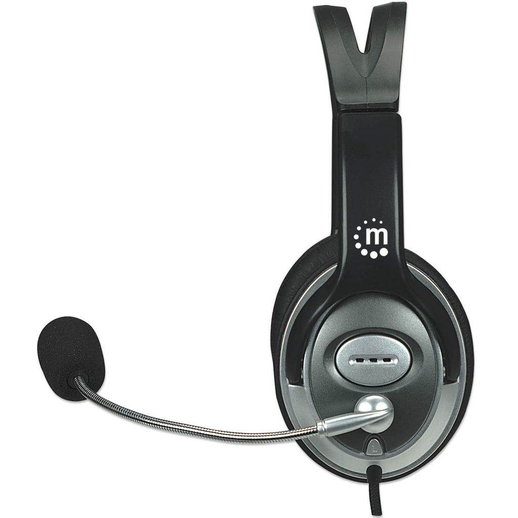 Casque noir et gris avec micro sur fond blanc.