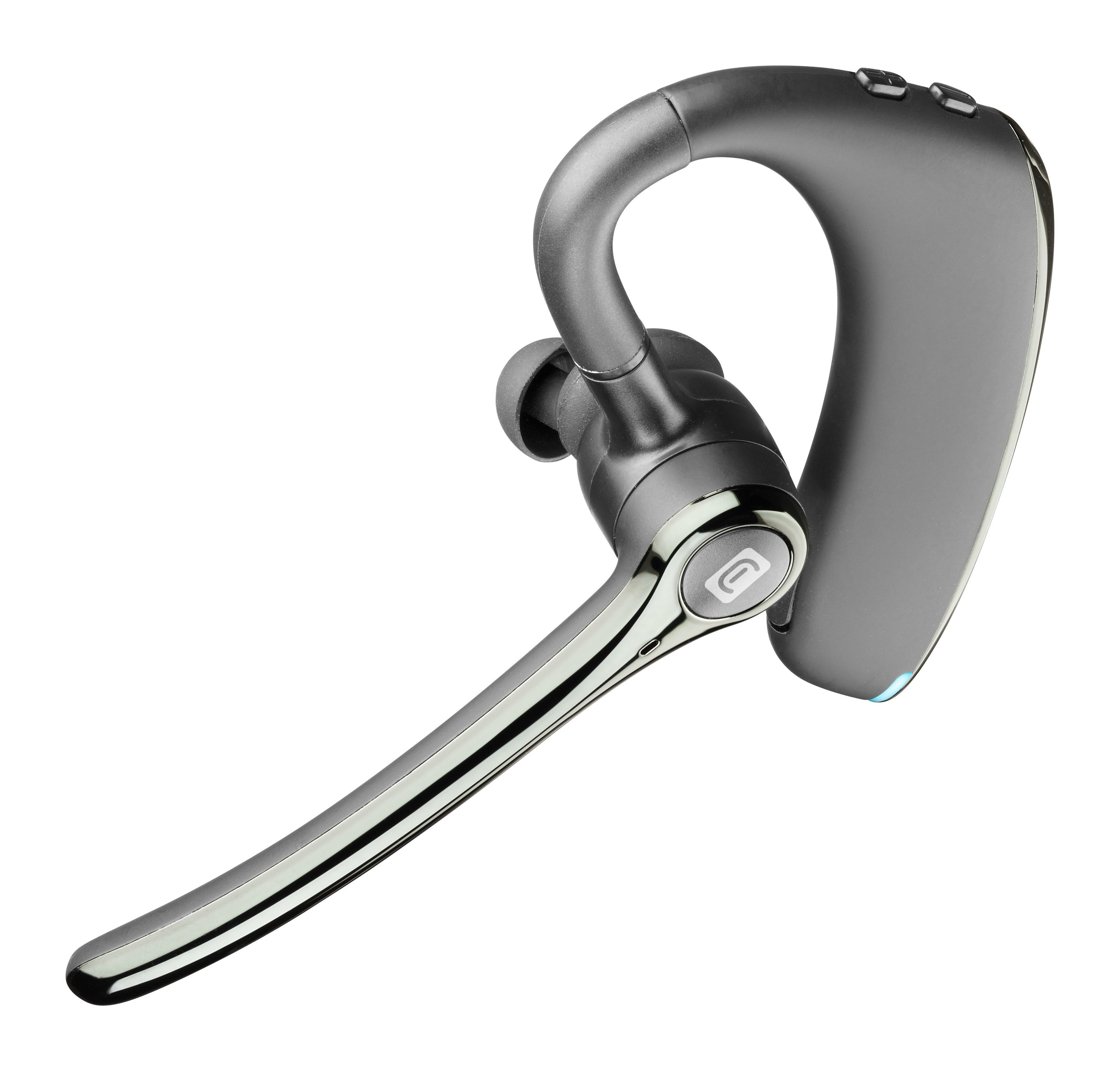 Ein graues Bluetooth-Headset mit gebogenem Design, Tasten und Mikrofon. Weißer Hintergrund.