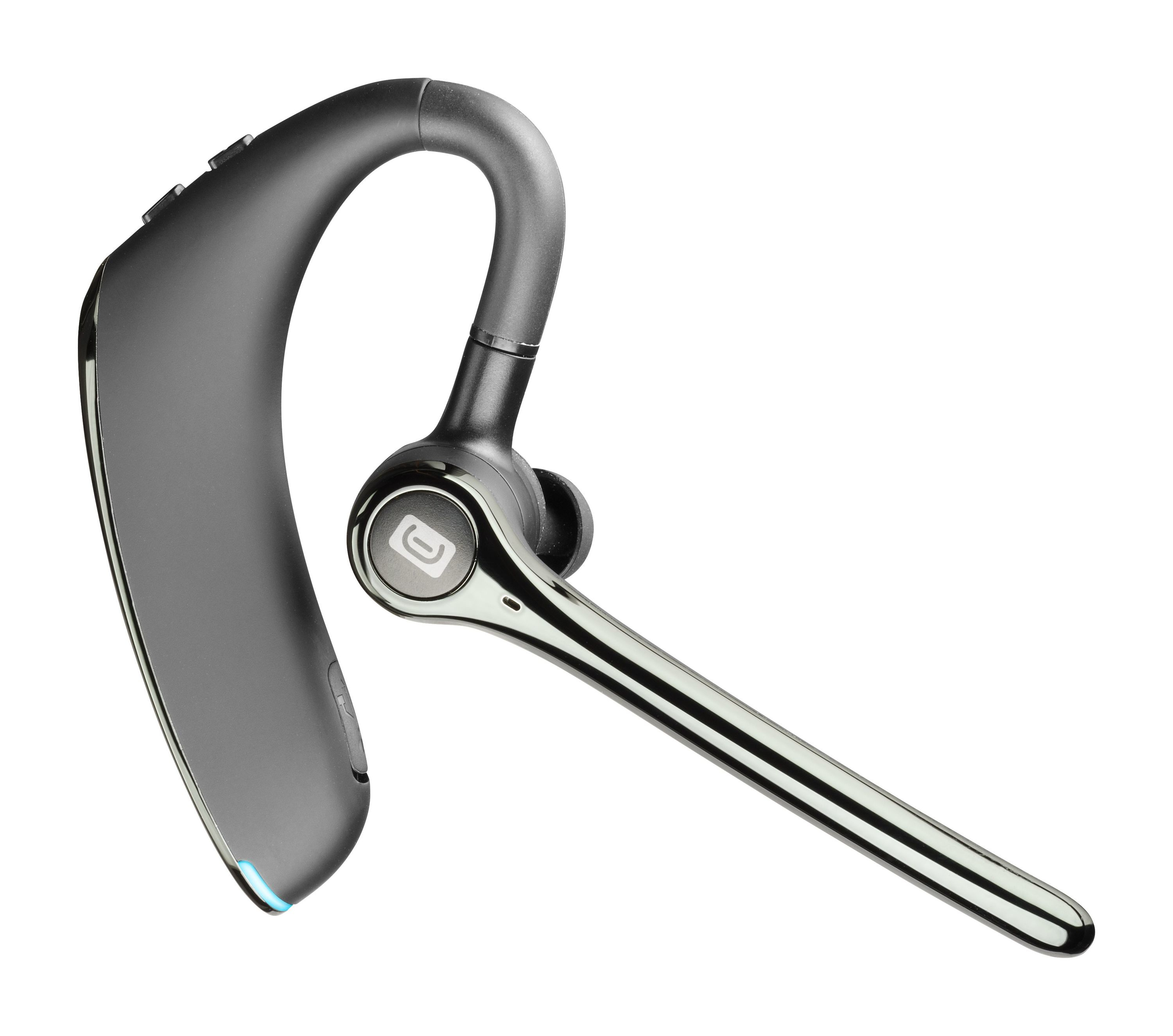 Ein schwarzes und silbernes Bluetooth-Headset mit Mikrofon.