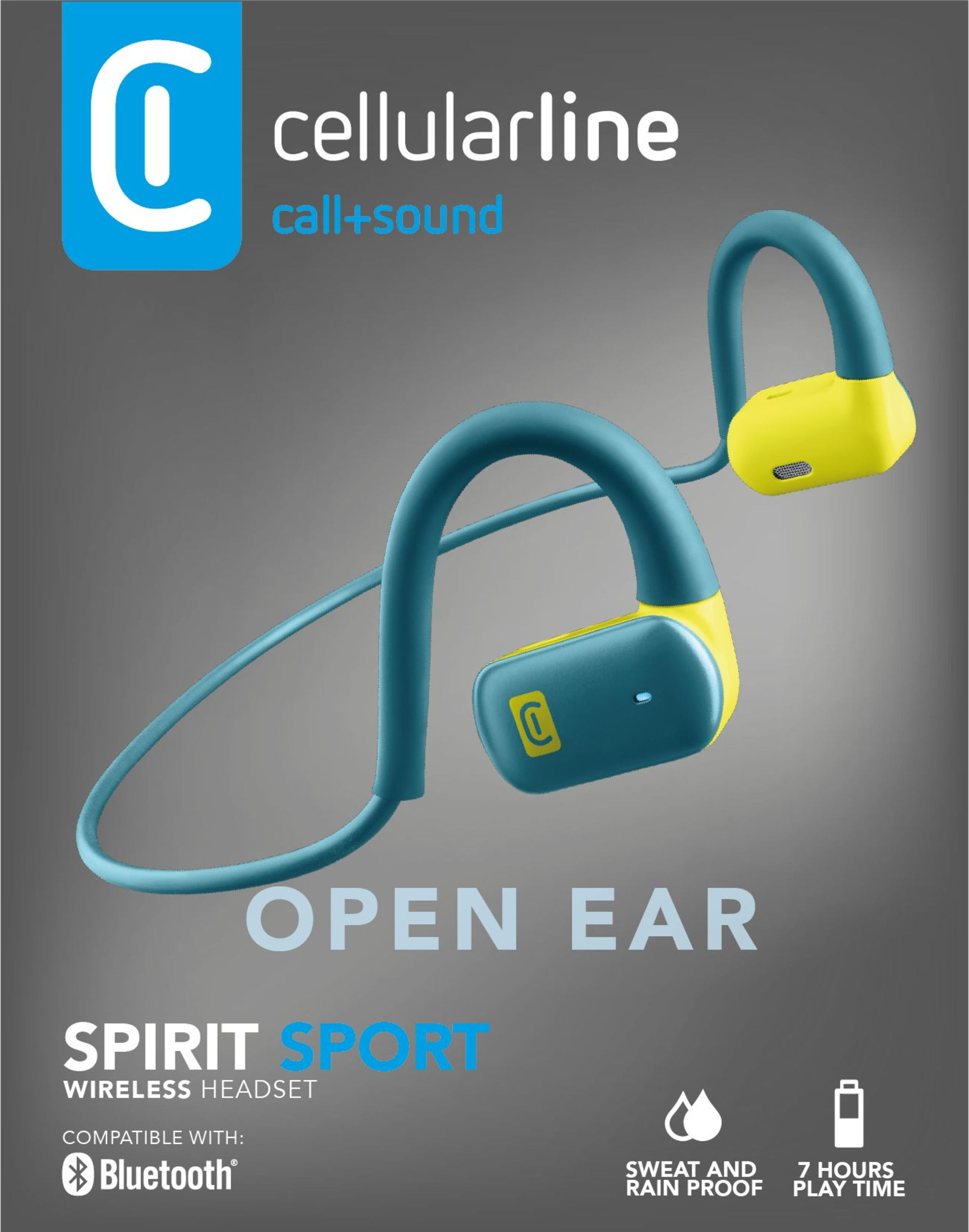 Auriculares inalámbricos azules y amarillos con diseño de oído abierto. Superposición de texto.