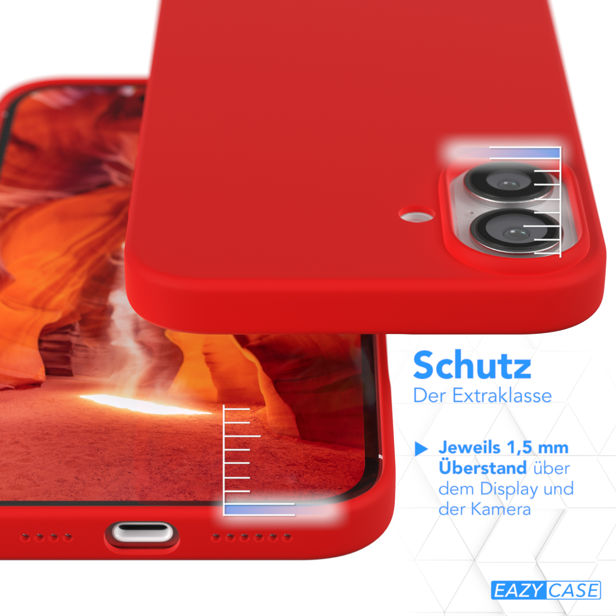 Rote Handyhülle. Rotes und schwarzes Telefon, Nahaufnahme. Text auf Deutsch. Marke Eazy Case.