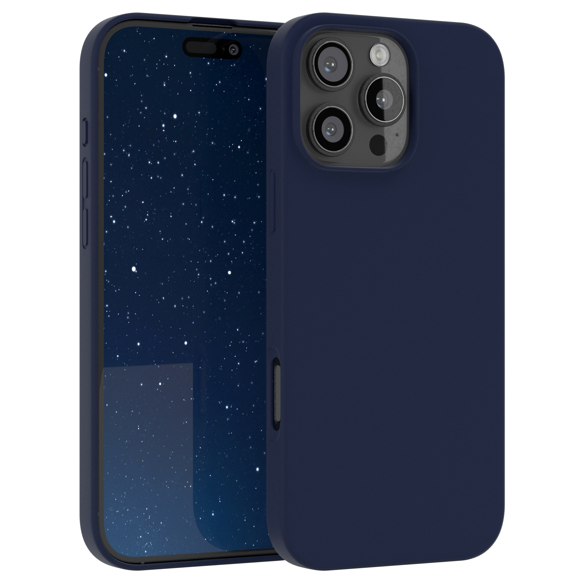 Dunkelblaues Telefon mit drei Kameras. Ein Sternennacht-Hintergrund wird gezeigt. Weißer Hintergrund.