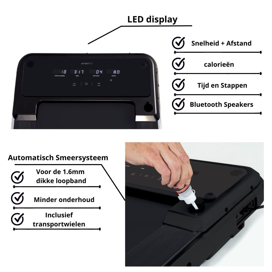 Tapis roulant avec écran LED et cases à cocher pour les fonctionnalités, plus main ajoutant du lubrifiant.