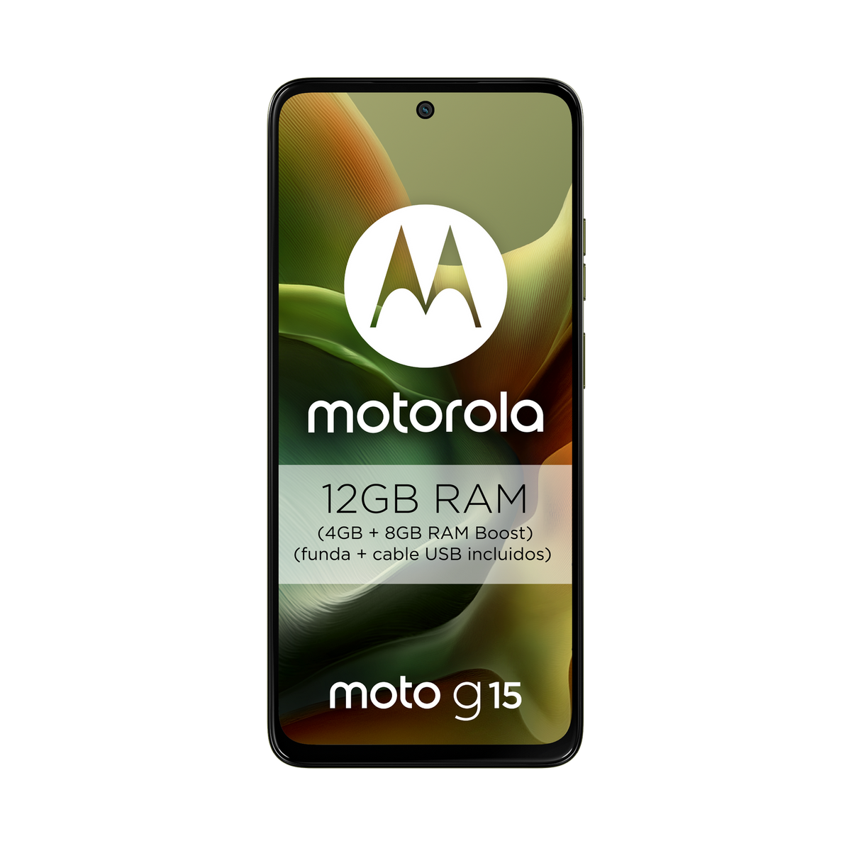 Smartfon Motorola Moto G15 z 12GB RAM i kablem USB, na czarnym tle.