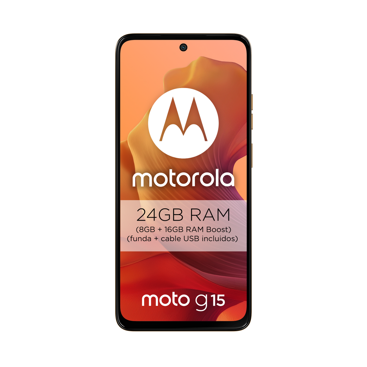 Motorola Moto G15 Smartphone. Der Bildschirm zeigt eine Telefonwerbung mit Spezifikationen und dem Motorola-Logo.