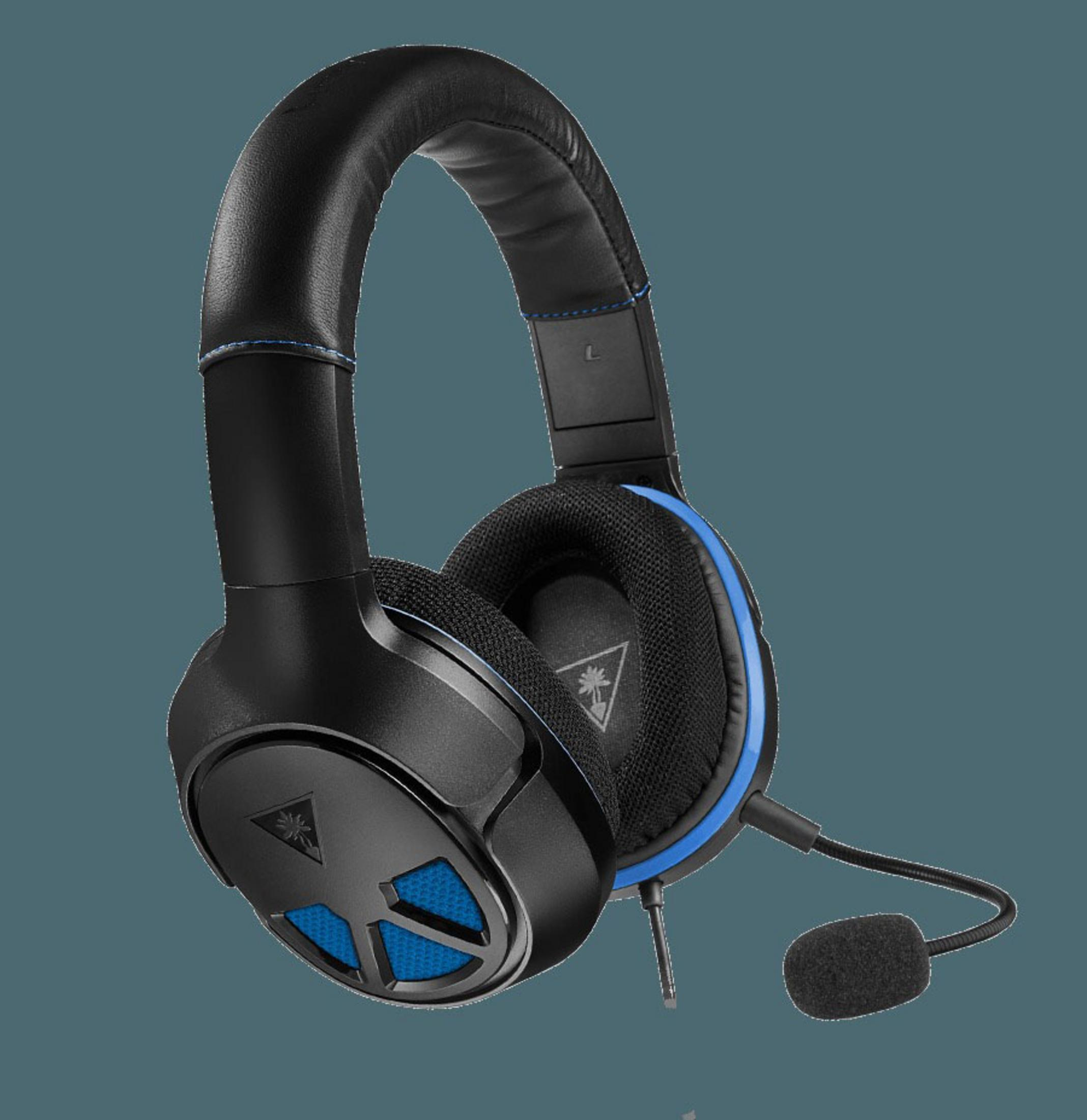 Czarne słuchawki z niebieskimi akcentami, ciemne tło.