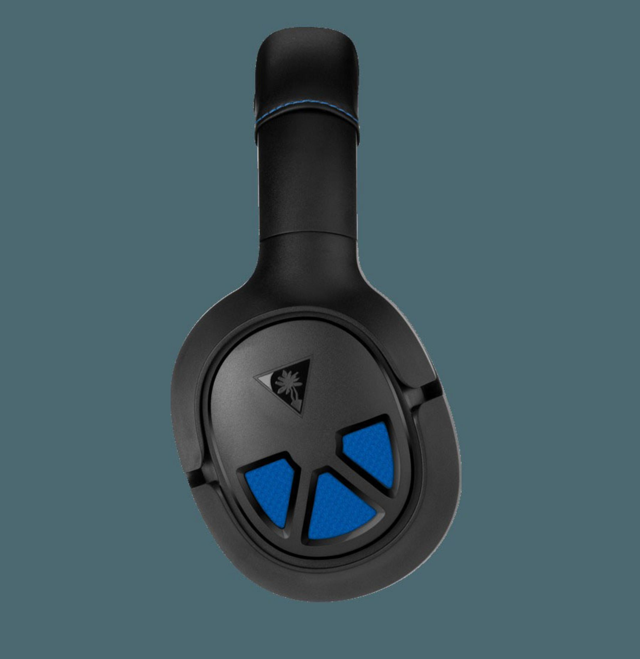 Czarne słuchawki z niebieskimi akcentami. Na górze niebieski pasek.