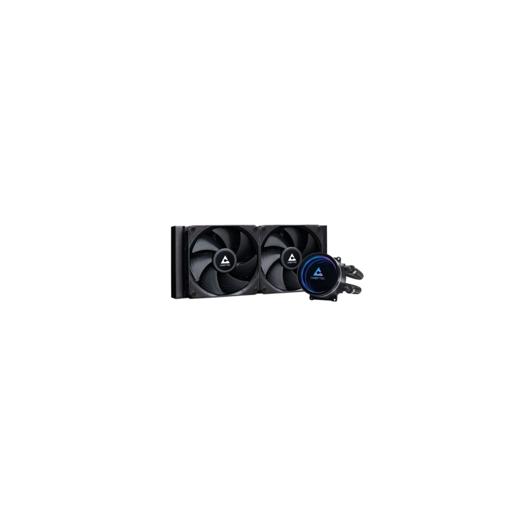 Sistema di raffreddamento a liquido per computer con due ventole e un blocco circolare. Schema di colori nero e blu.