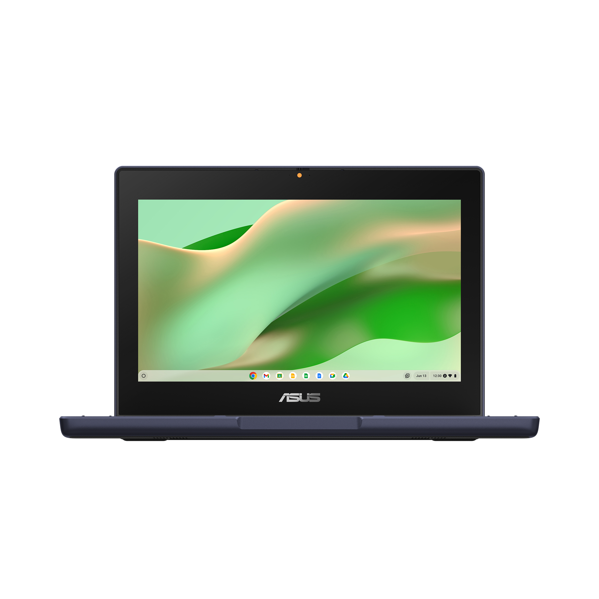 Dark blue laptop with open screen. It shows a green and yellow background and a logo.