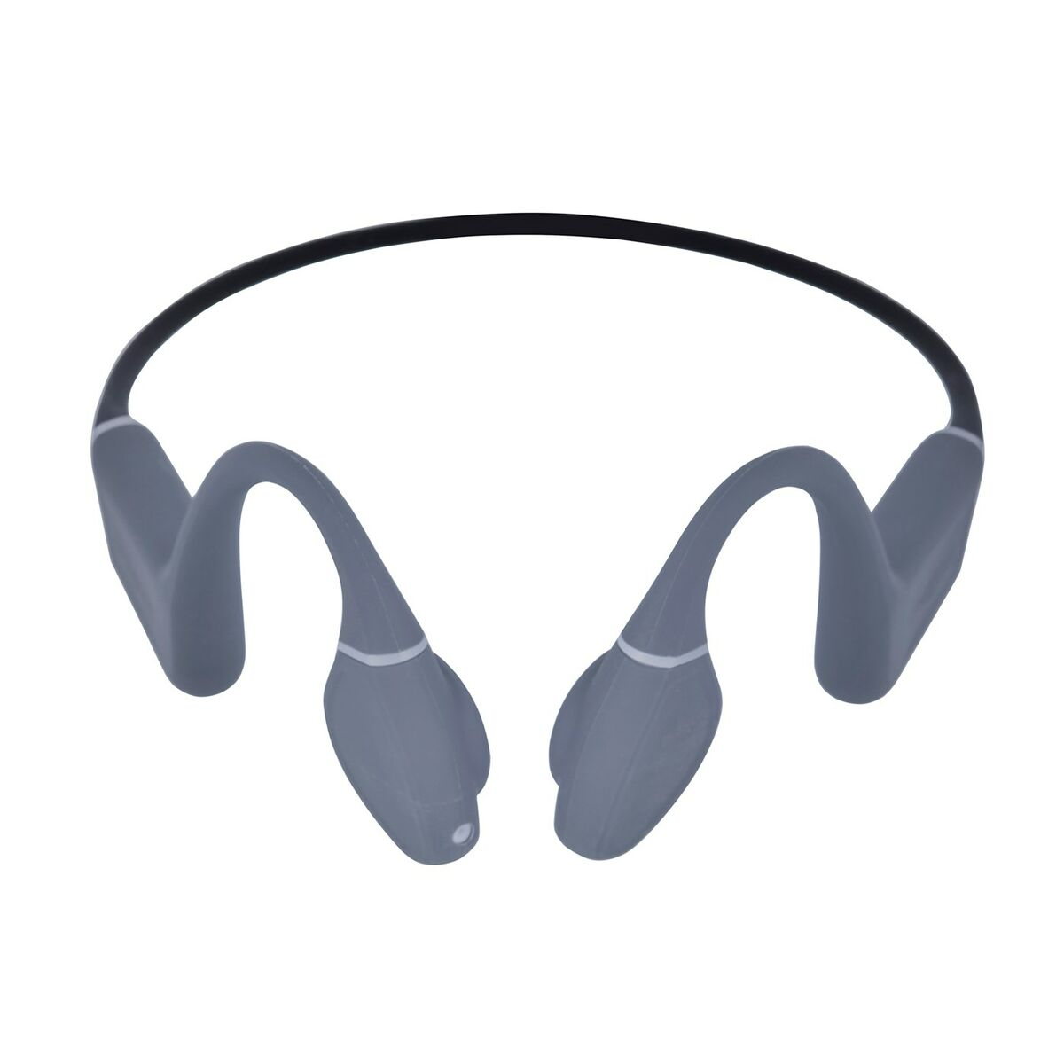 Cuffie a conduzione ossea grigie. Design ad arco che poggia sulle orecchie. Banda nera che le collega.