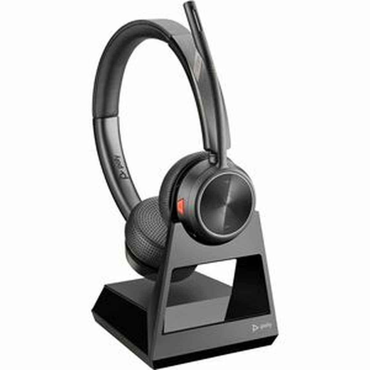 Casque noir sur un socle avec microphone et bouton rouge, sur fond blanc.