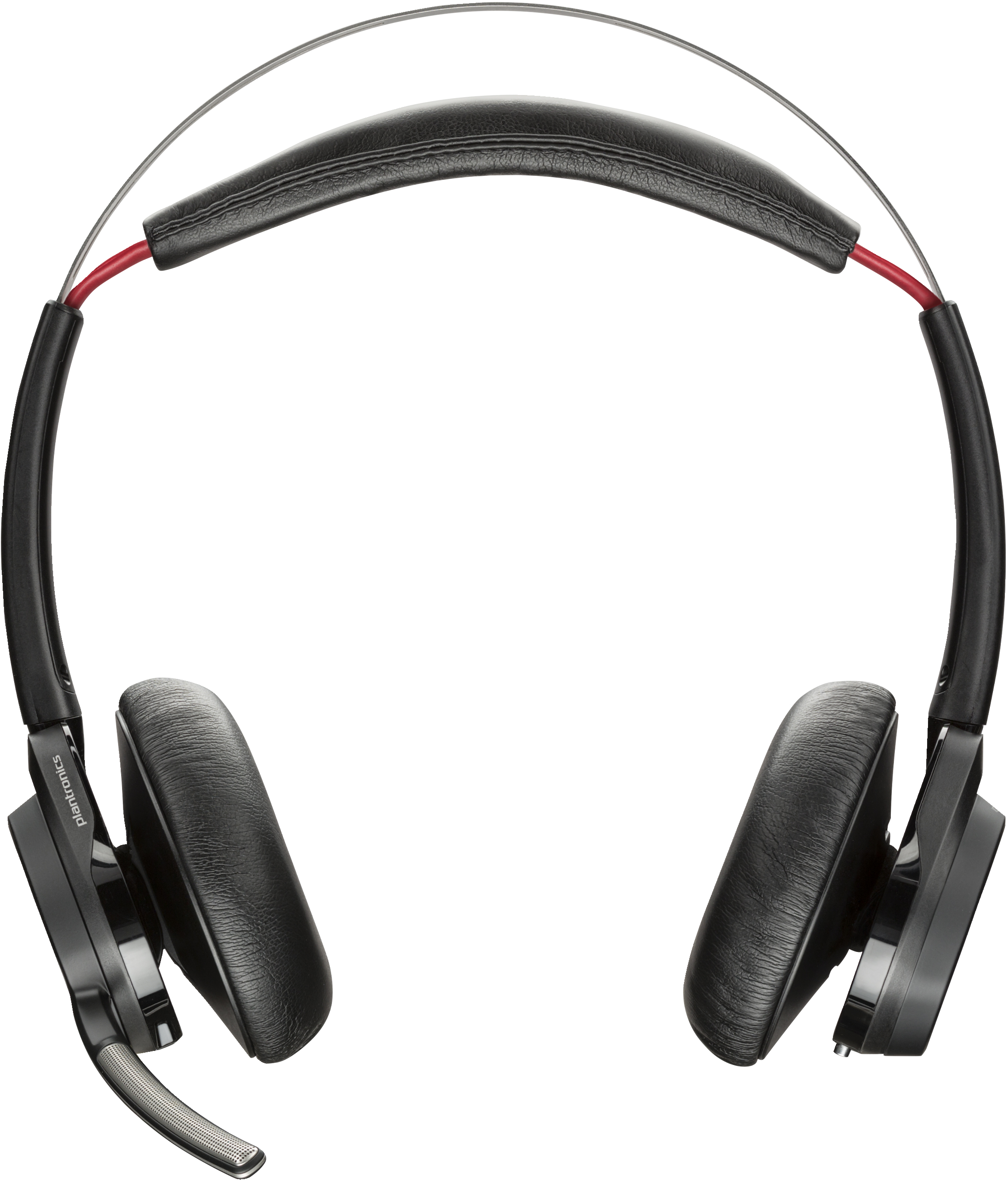 Cuffie, nere, stile over-ear. Archetto argentato, accenti rossi. Sfondo bianco.