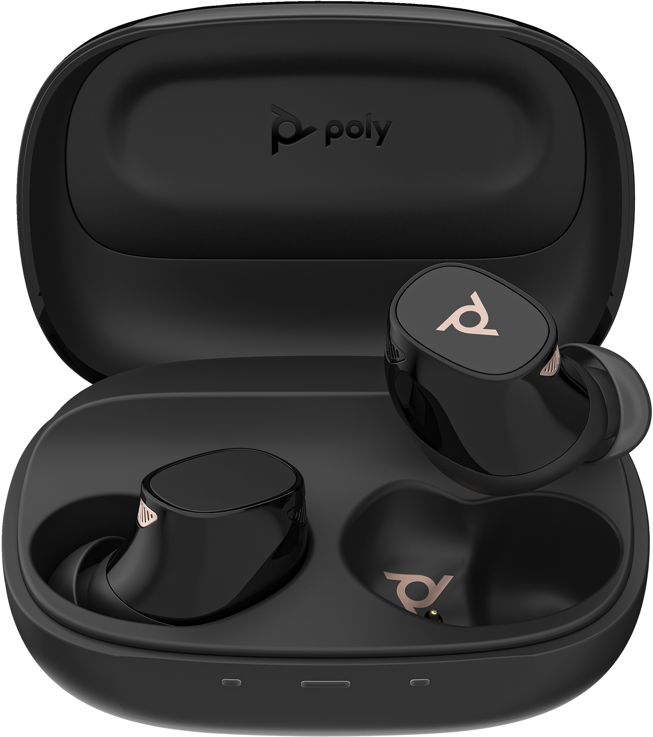 Auricolari wireless neri in un astuccio. L'astuccio è aperto. Marchio 'poly'.