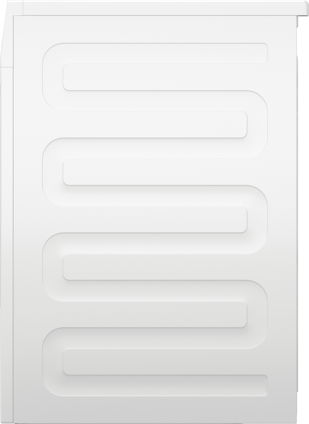 Elettrodomestico bianco, probabilmente un frigorifero, con un design ondulato sulla porta.