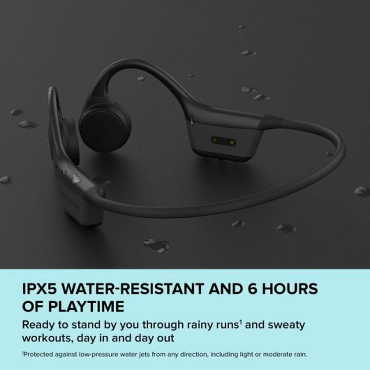 Cuffie sportive nere con sovrapposizione di testo: IPX5 resistente all'acqua, 6 ore di riproduzione. Sfondo nero.