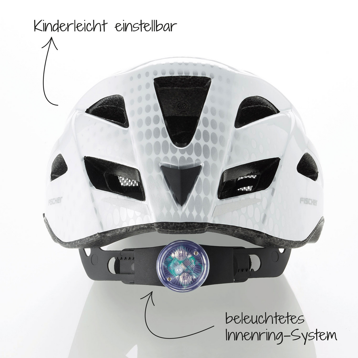 Weißer Fahrradhelm mit Licht und verstellbarem Ringsystem.