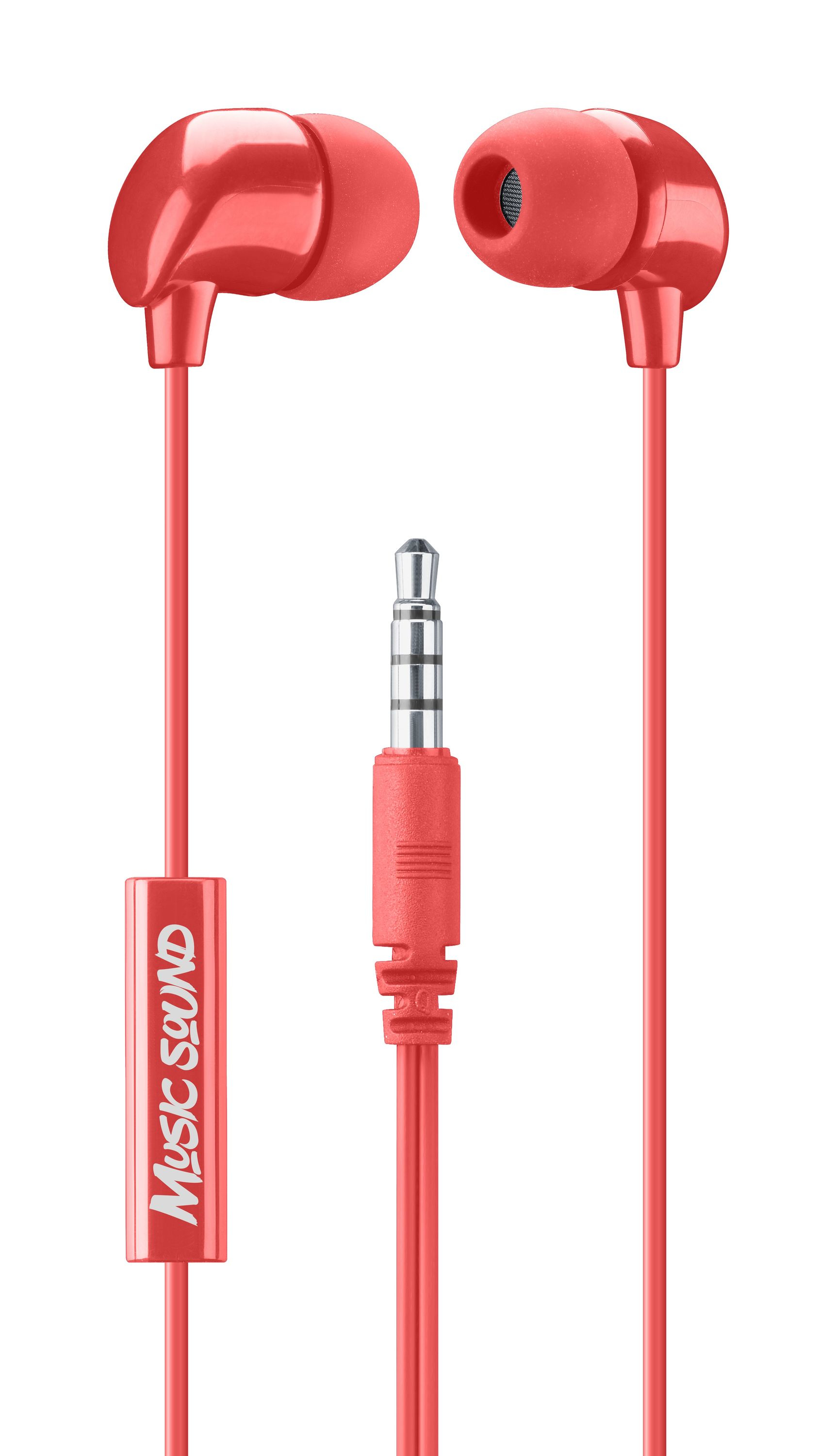 Zwei rote In-Ear-Kopfhörer mit rotem Kabel und Musik-Sound-Logo.