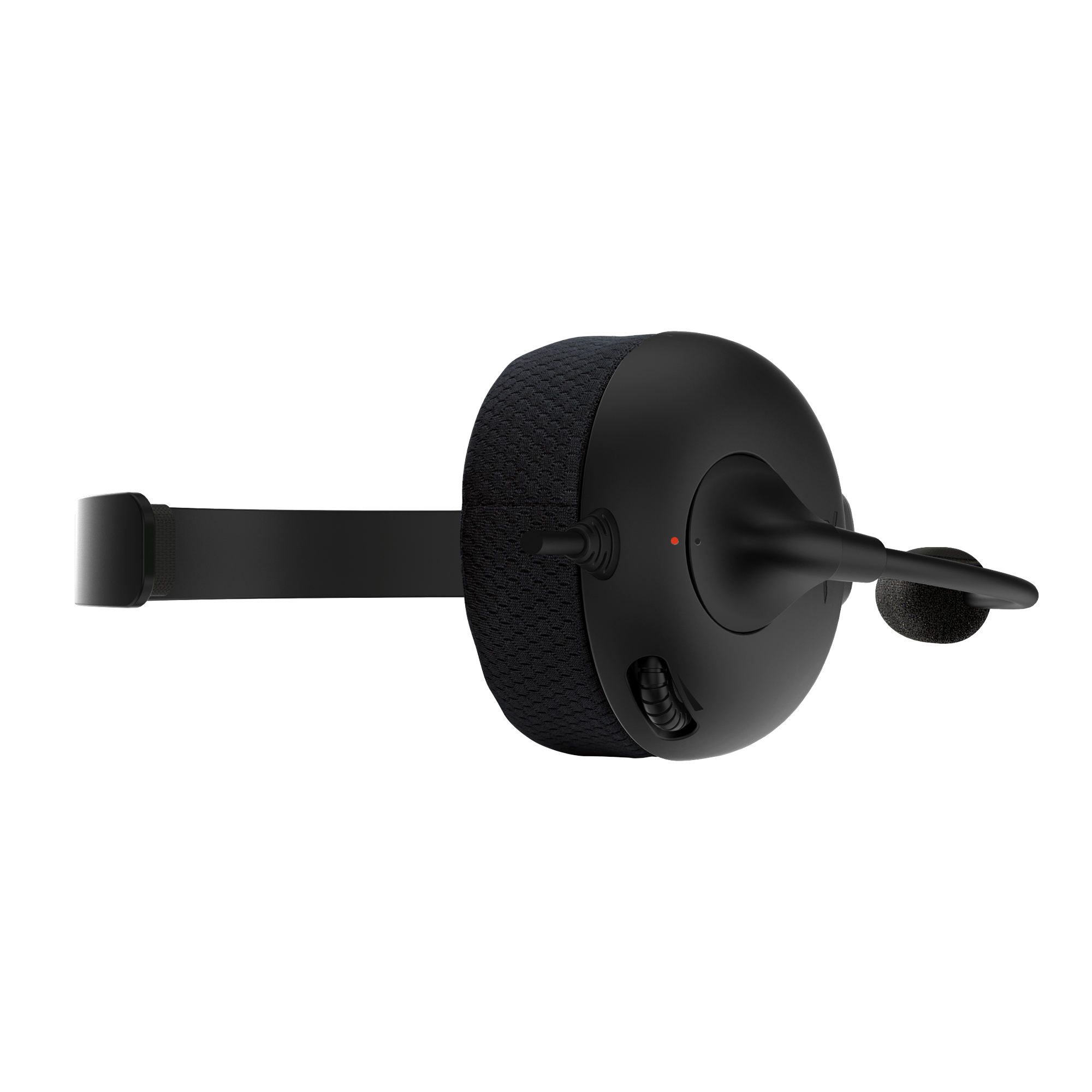 Czarny zestaw słuchawkowy, widok z góry. Mikrofon wysunięty. Widoczne elementy sterowania i czerwone światło.