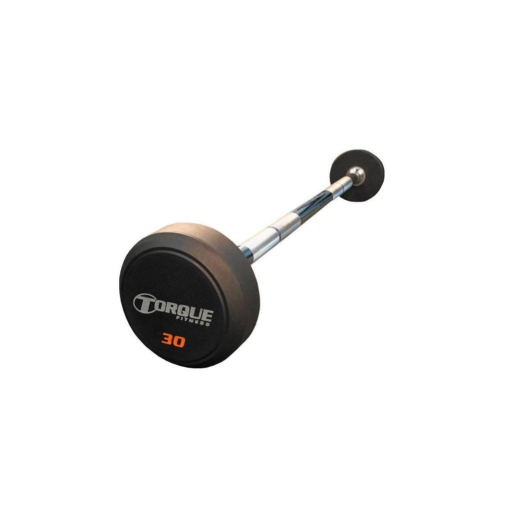 Eine schwarze Hantel mit einem schwarzen Gewicht am Ende und dem Wort "TORQUE FITNESS".