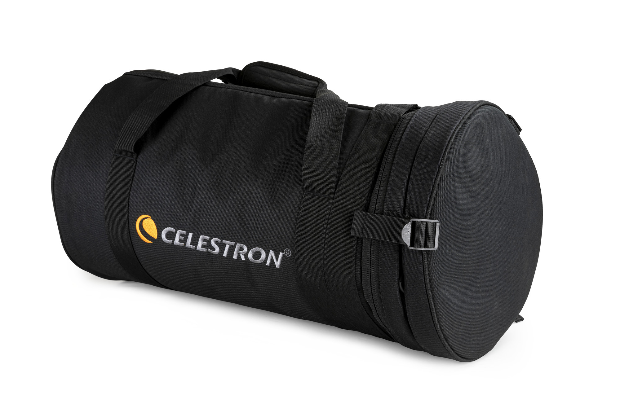 Eine schwarze Celestron-Teleskop-Tragetasche, zylindrische Form, mit gelbem Logo und weißem Text.