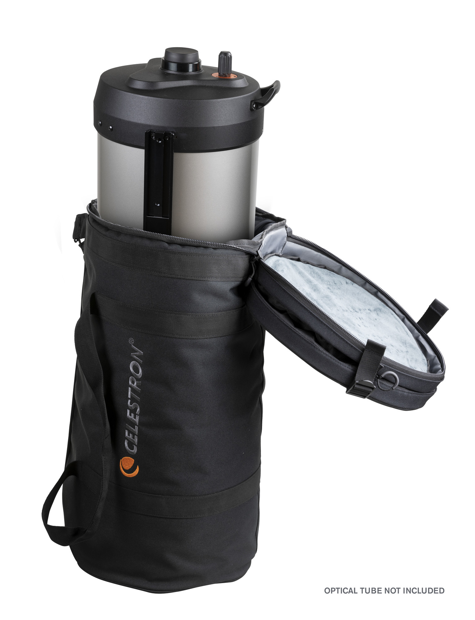 Ein Teleskop in einer schwarzen Tragetasche, die Tasche ist geöffnet, das Wort Celestron.
