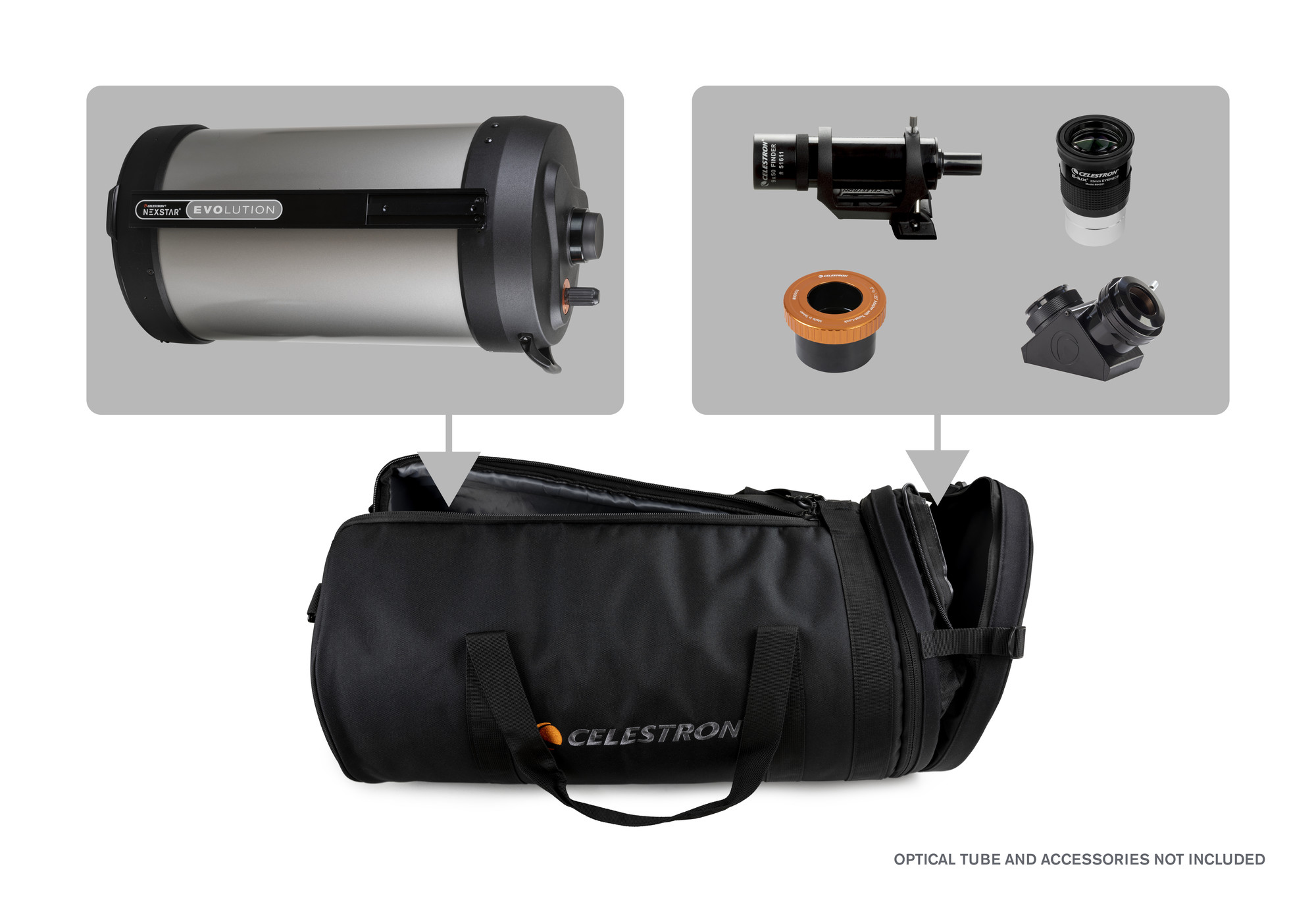Teleskopteile mit schwarzer Tasche und Zubehör. Die Tasche trägt das Wort Celestron.