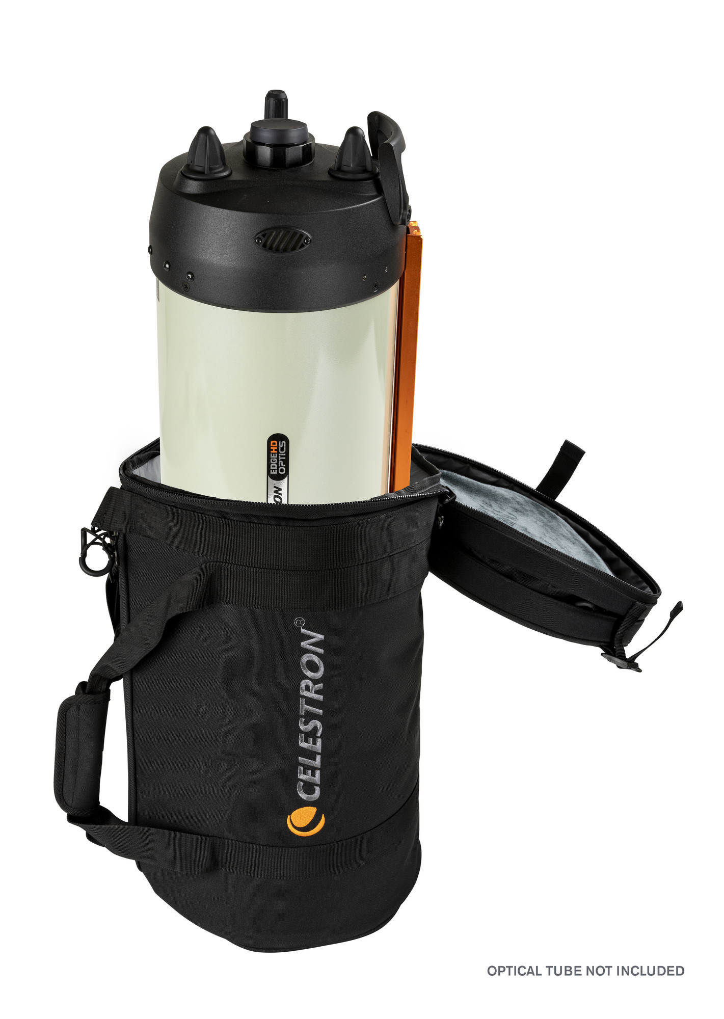 Schwarzes Teleskop mit Tragetasche. Die Marke des Teleskops ist Celestron.