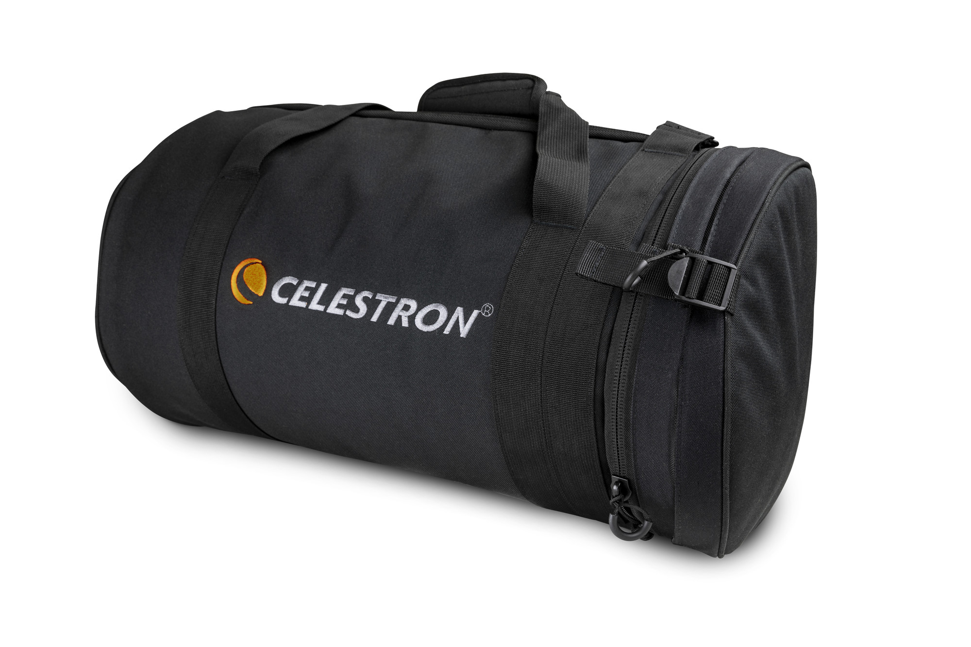 Schwarze Celestron-Tragetasche mit Logo auf weißem Hintergrund. Reißverschluss und Gurte sichtbar.
