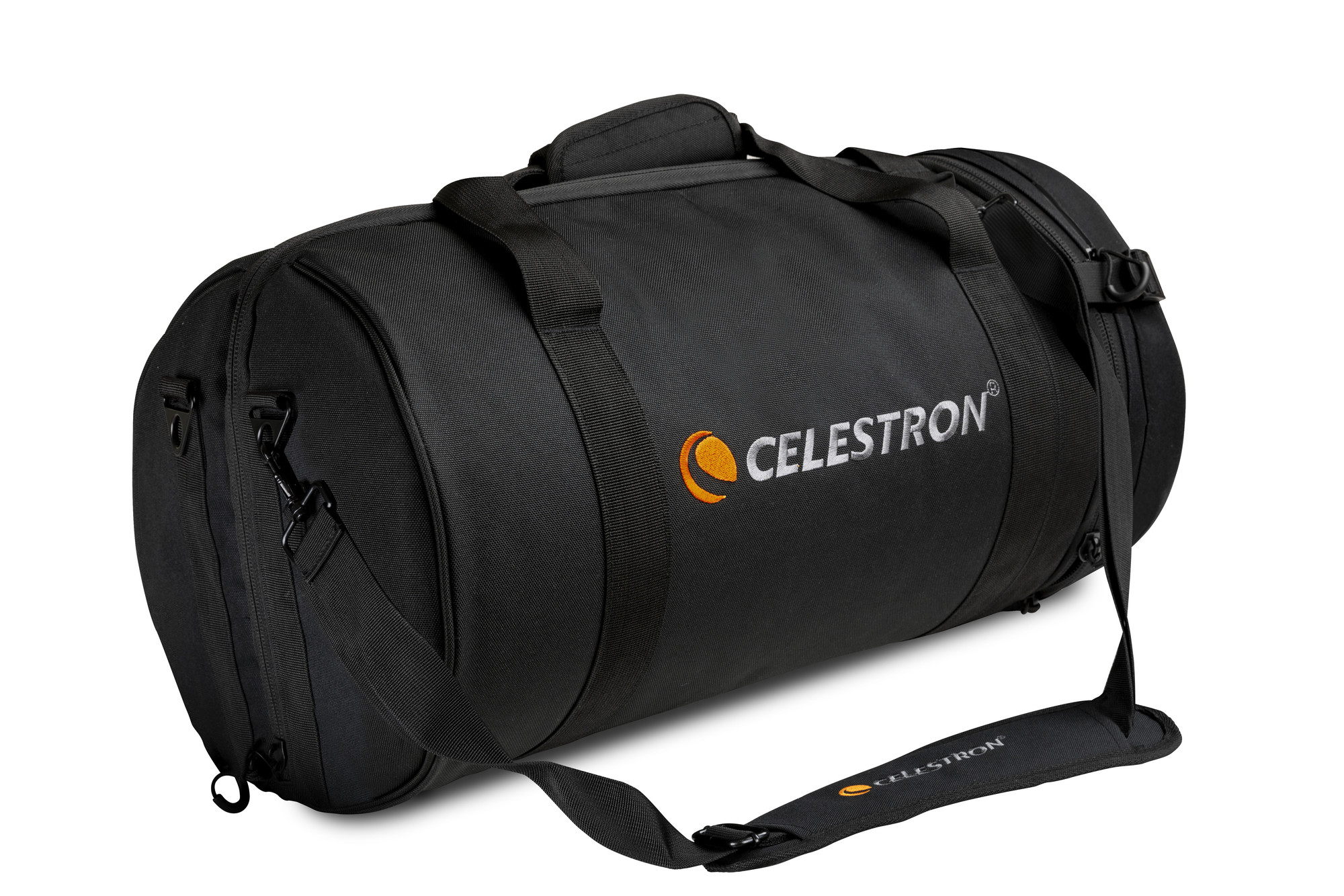 Schwarze Celestron Teleskoptasche mit Schultergurt und Griff. Logo sichtbar.