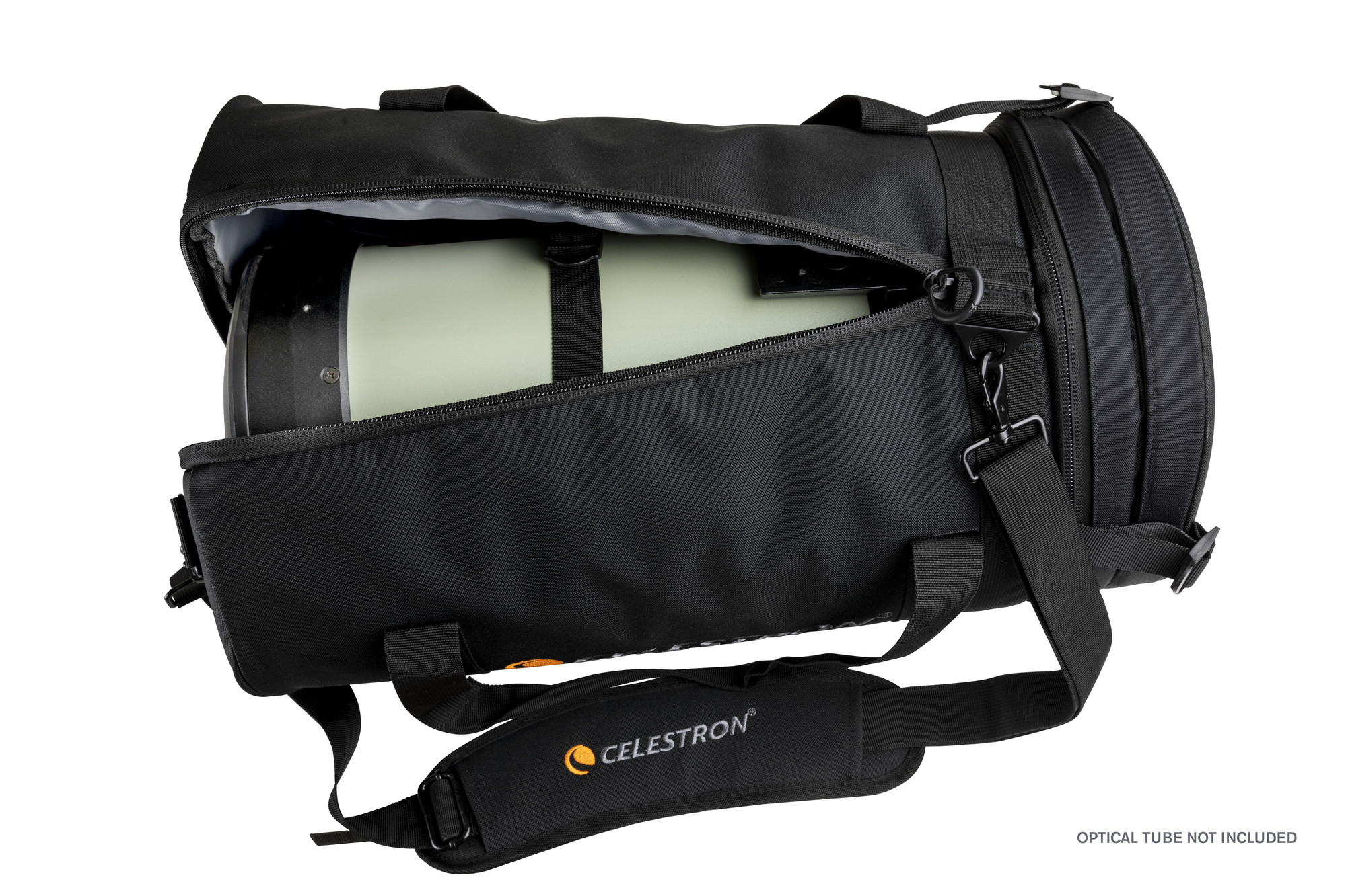 Eine schwarze Tasche mit einem Teleskop darin. Es hat einen Schultergurt und einen Griff.