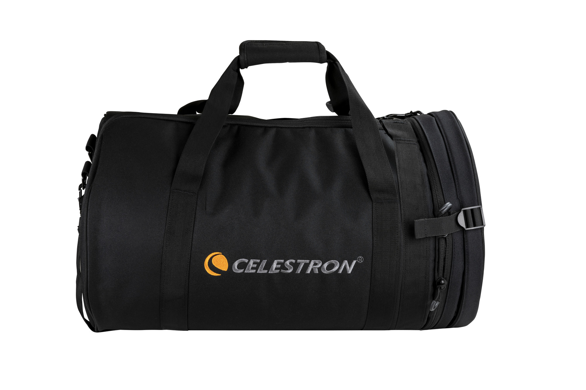 Schwarze Reisetasche mit 'CELESTRON'-Logo in Orange.