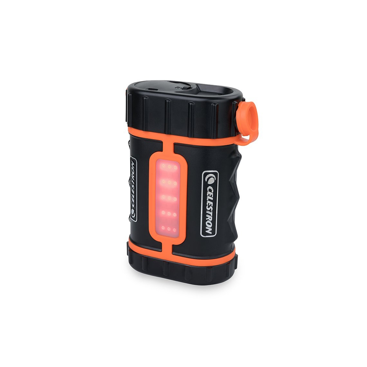 Schwarz-orange Taschenlampe mit rotem Licht. Es hat einen Griff und einen Haken. Die Marke ist Celstron.