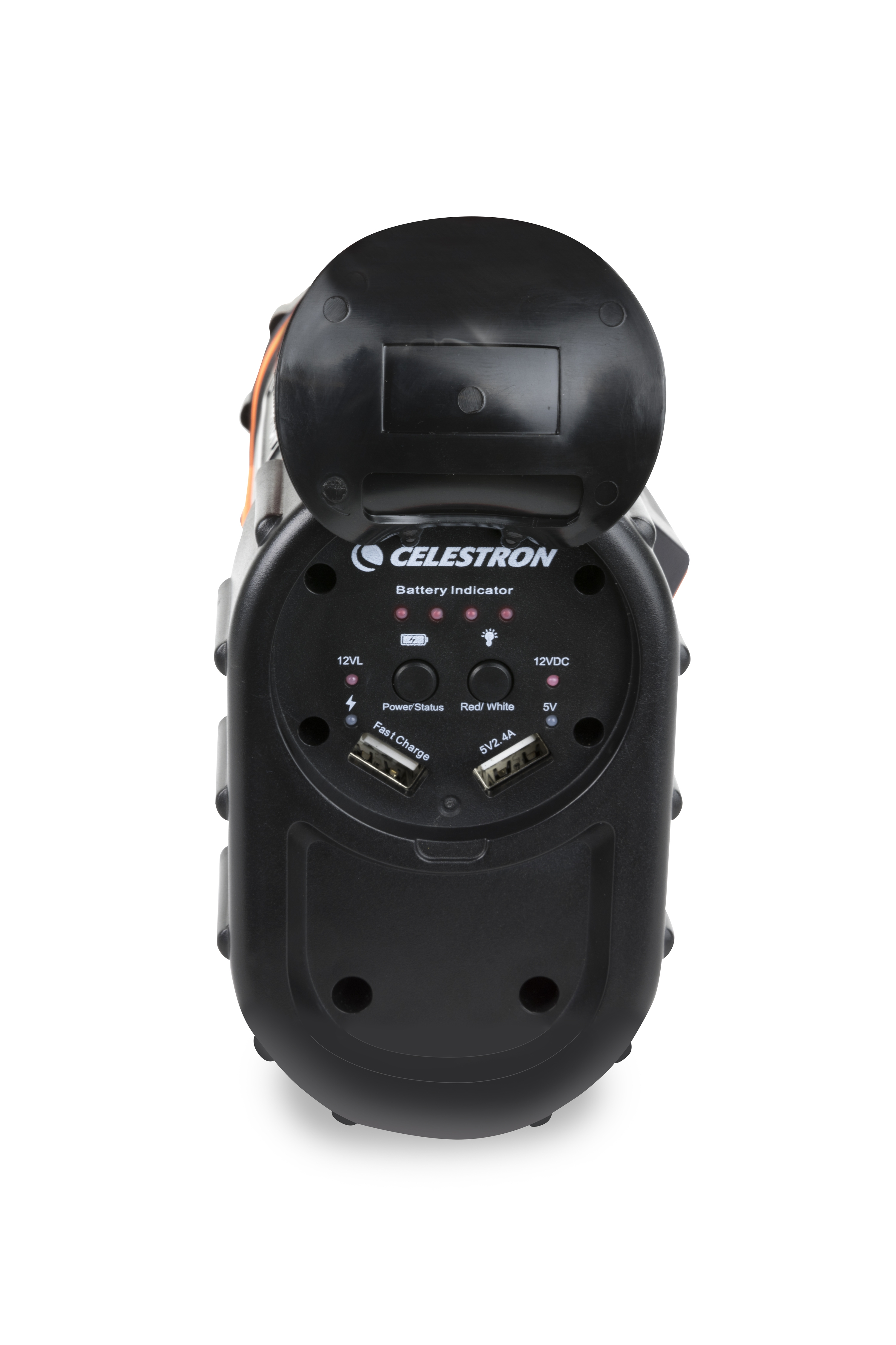 Schwarzes Gerät, Celestron beschriftet, mit Knöpfen und Anschlüssen. Obere Abdeckung offen, Batteriestandsanzeigen.
