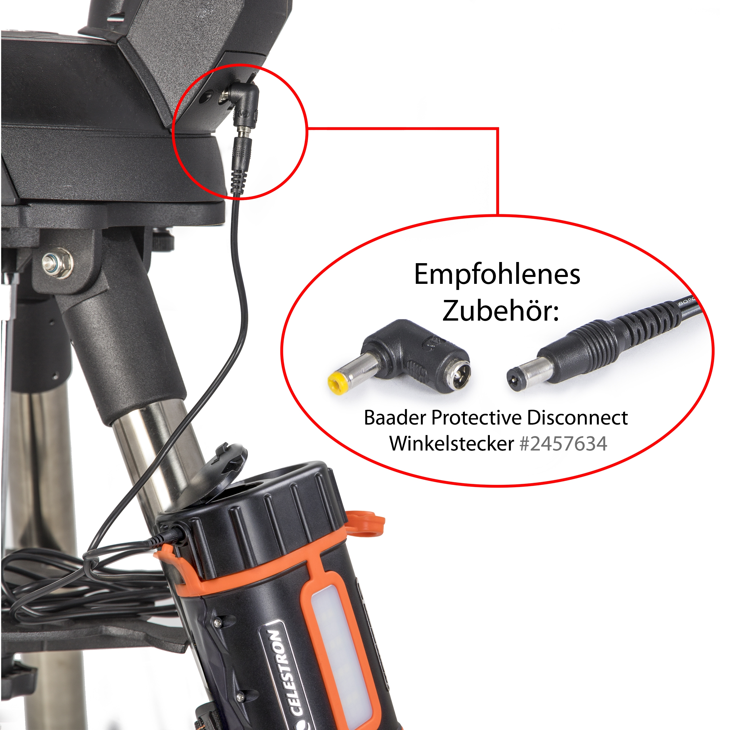 Nahaufnahme eines Teleskops mit Netzkabel und empfohlene Zubehör: Winkel-Netzadapter.