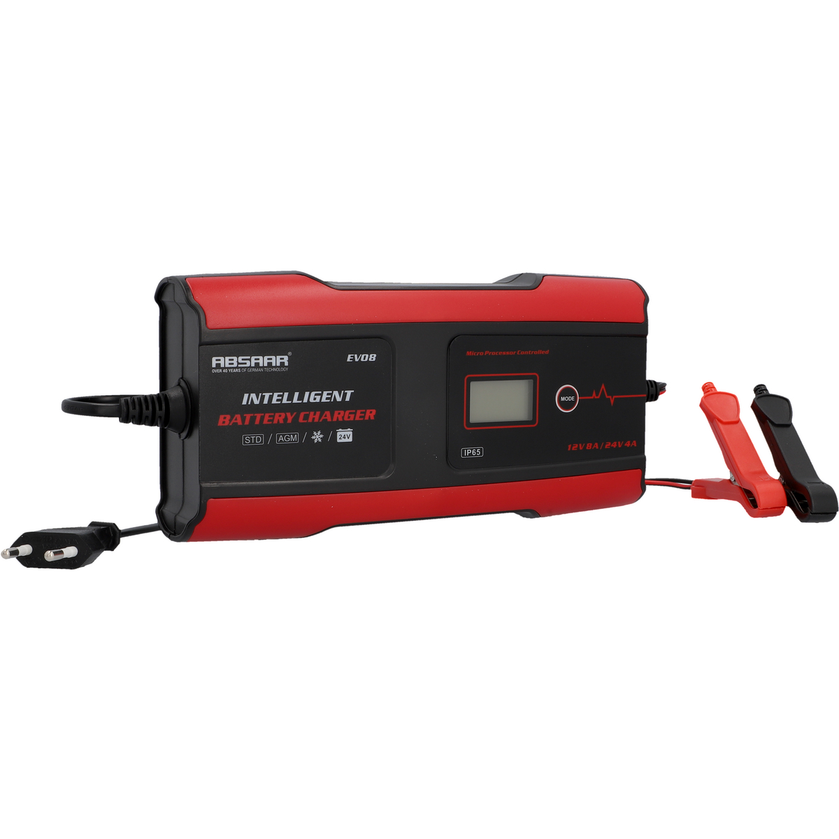 Rotes und schwarzes Batterieladegerät mit Klemmen.
