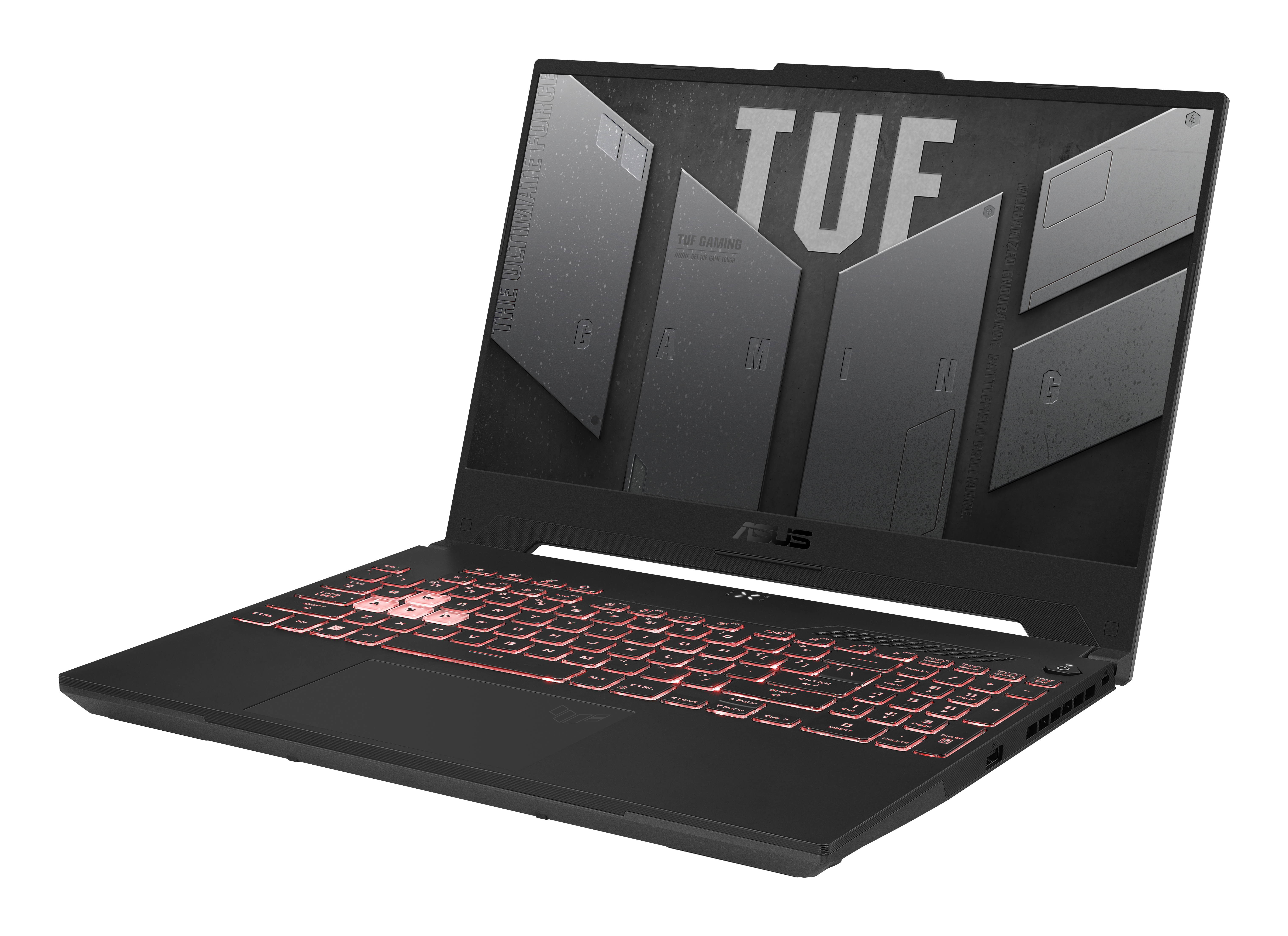 Portátil negro con teclado retroiluminado rojo, abierto. Vista en ángulo. Pantalla muestra gráficos de juego.