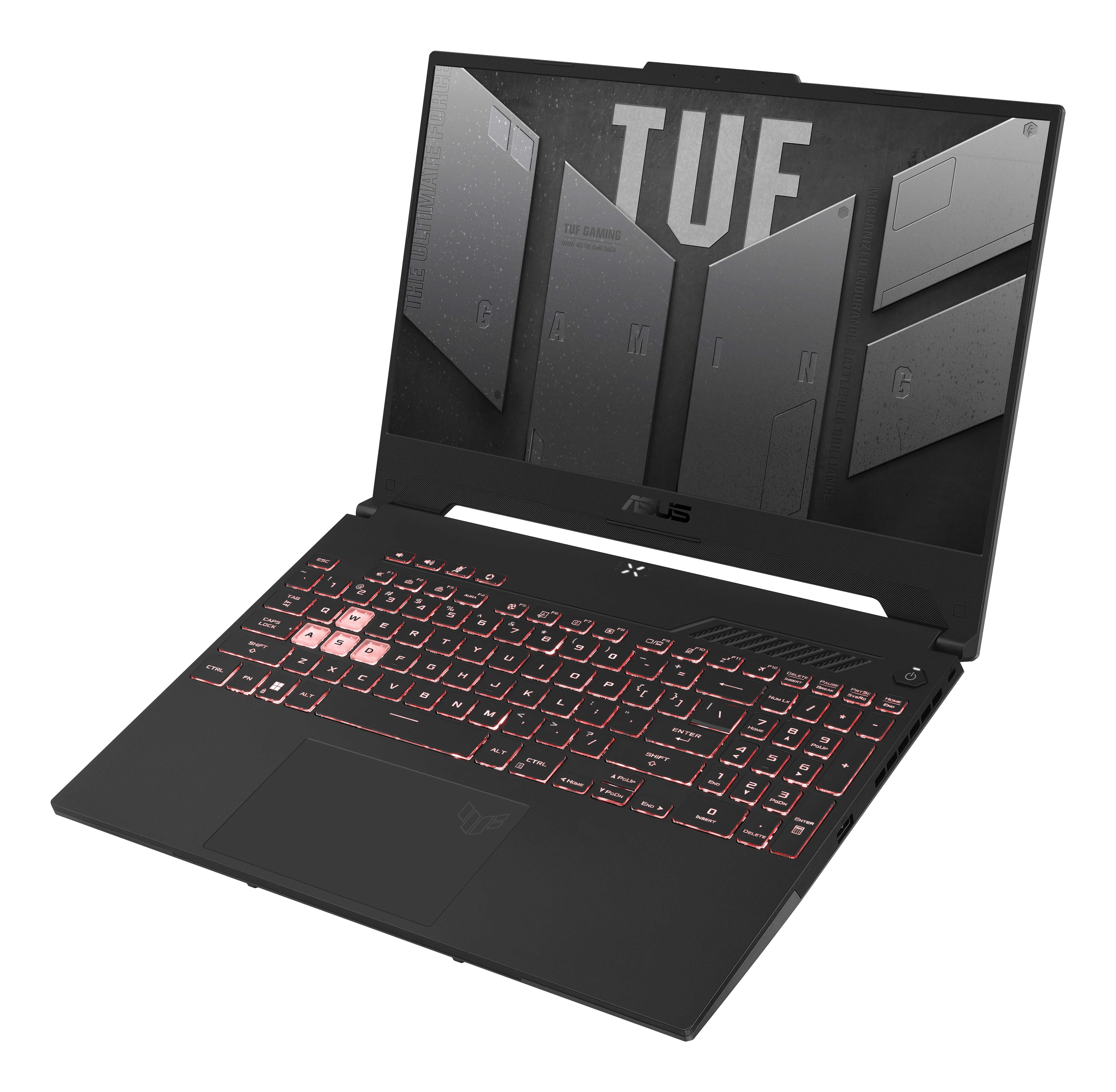 Portátil negro con teclado retroiluminado rojo. Pantalla muestra el logo TUF Gaming. Fondo blanco.
