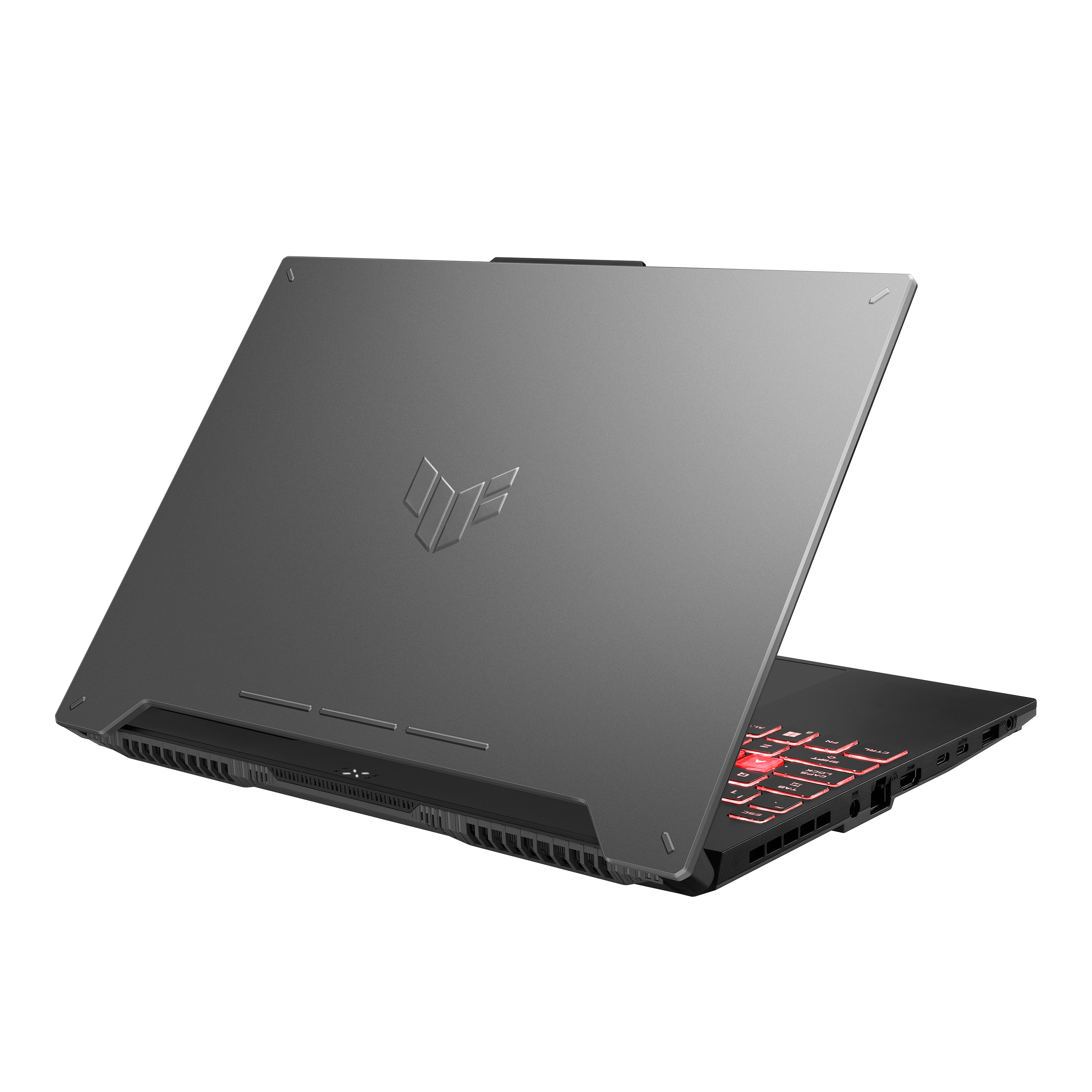 Parte trasera de portátil negro con logo ASUS. La pantalla está ligeramente abierta.