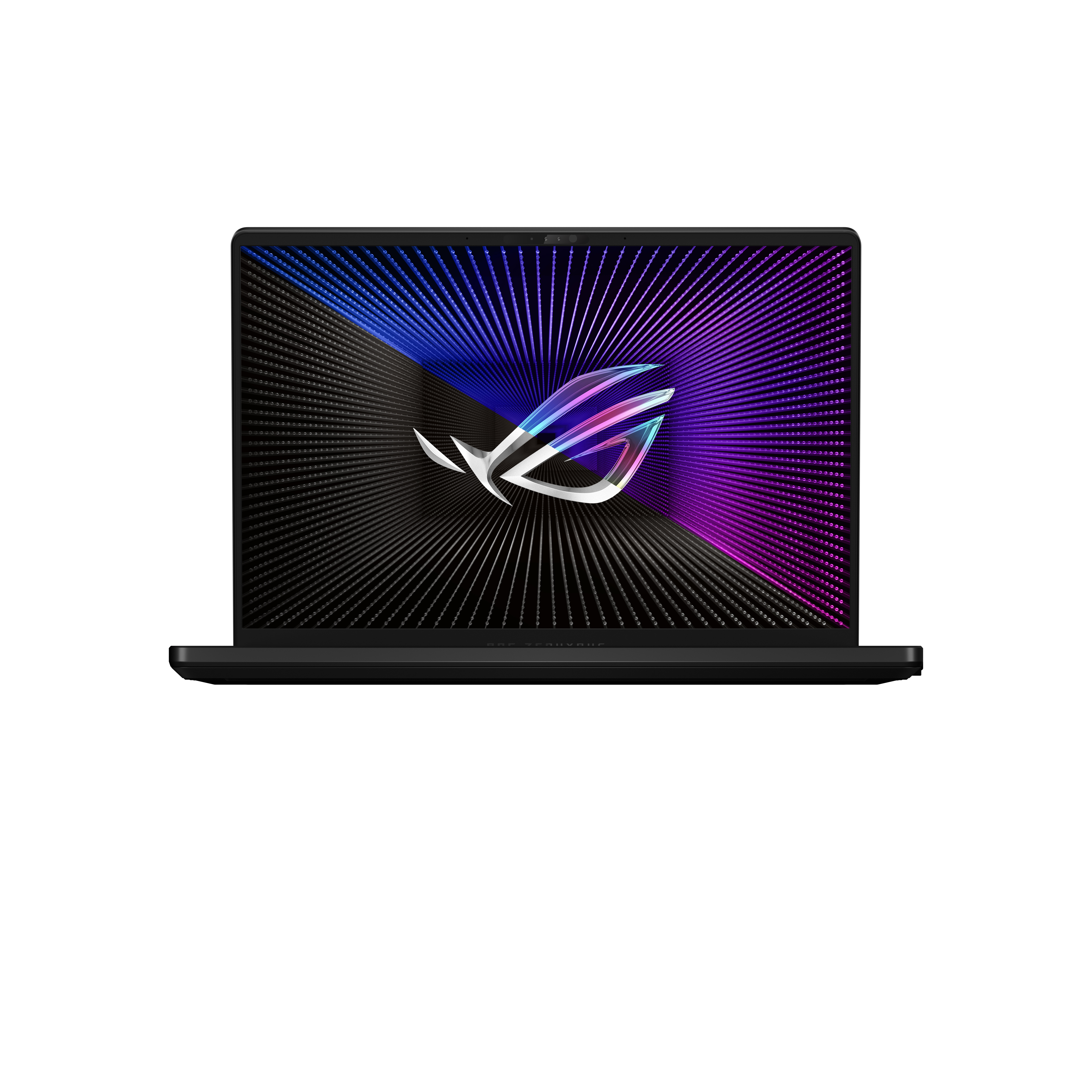 Czarny laptop z kolorowym ekranem i logo ROG.