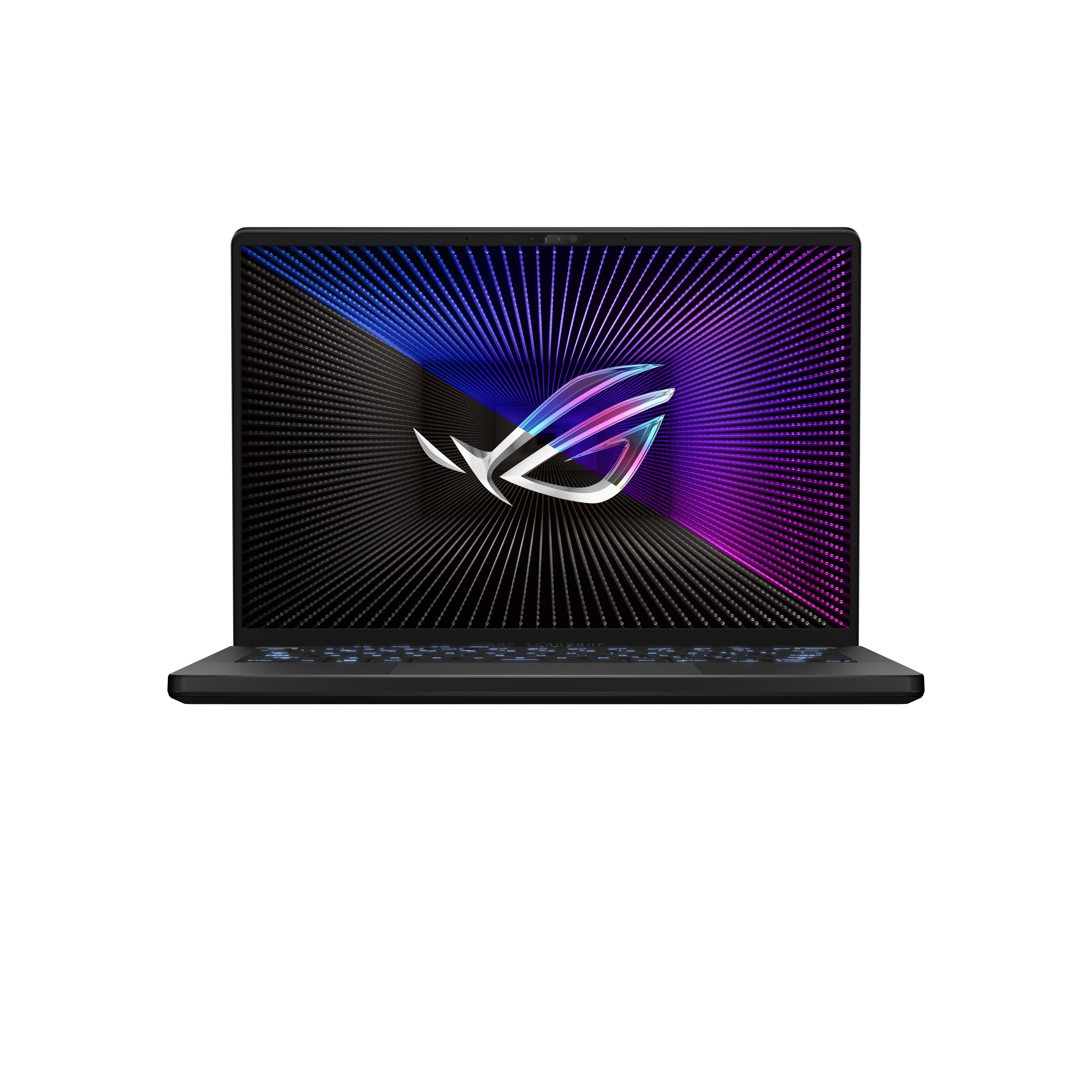 Czarny laptop ze świecącym logo ROG na ekranie z kolorowym wzorem.