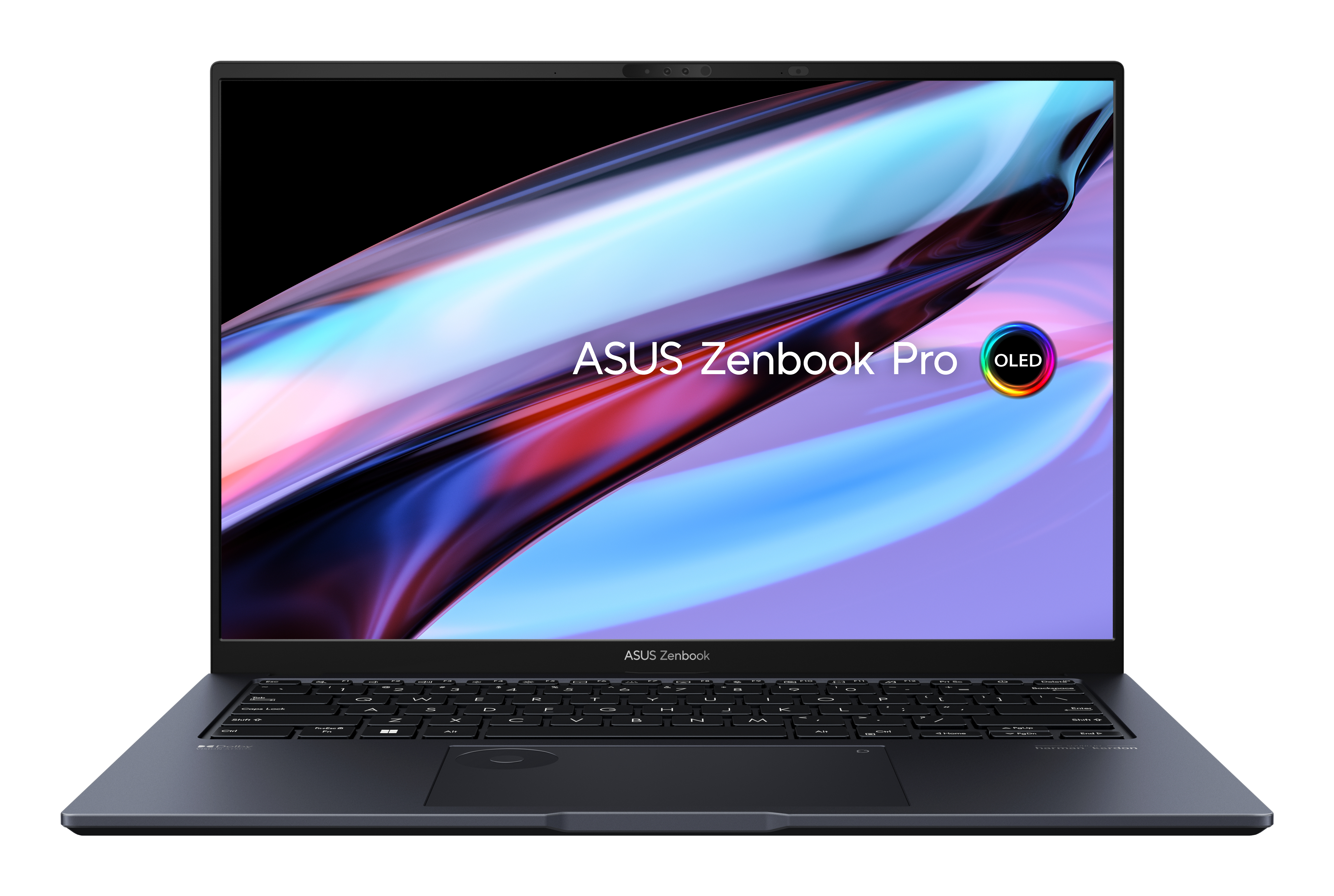 ASUS Zenbook Pro portátil abierto, mostrando una pantalla colorida, con el logotipo OLED visible.