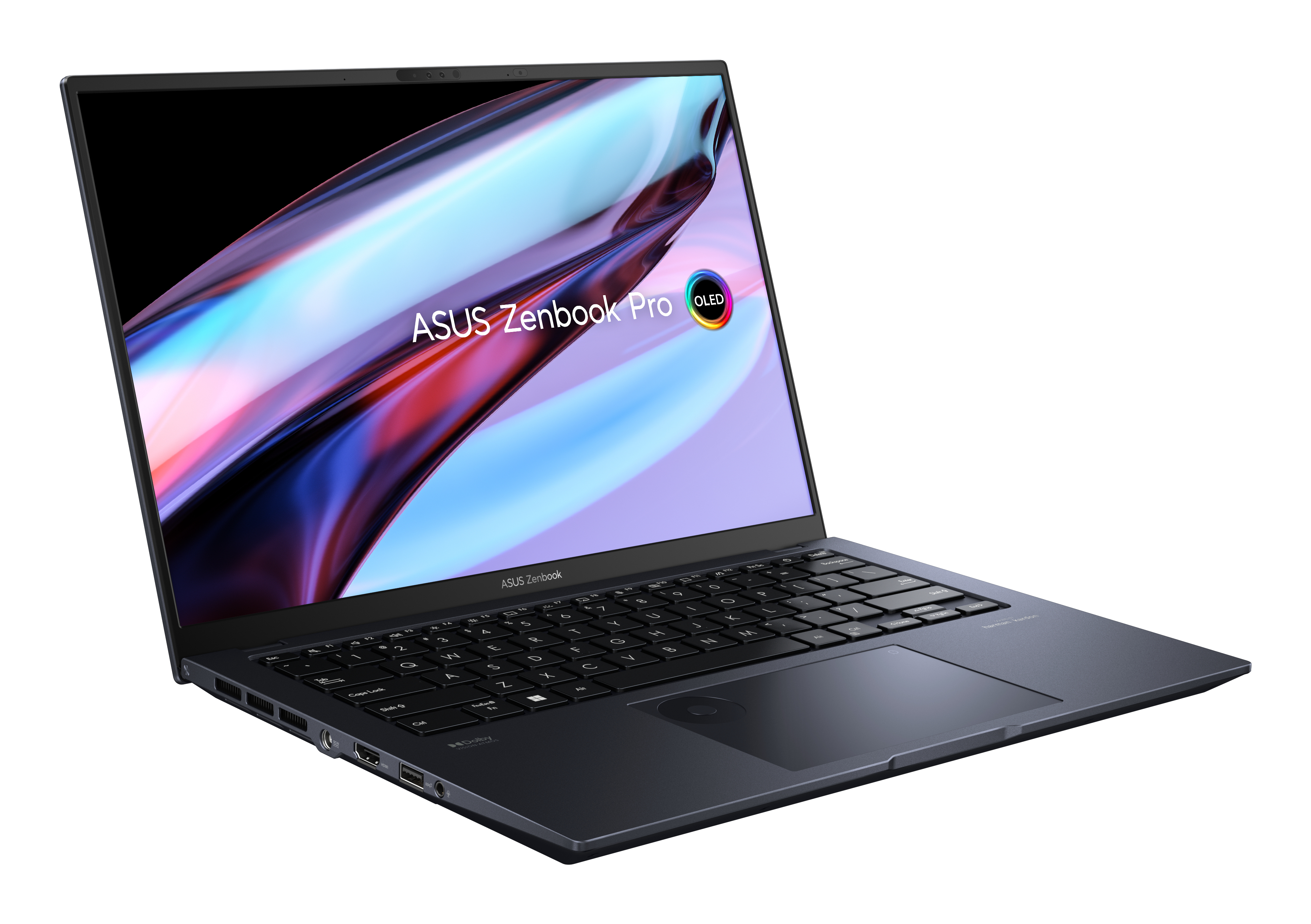Ordenador portátil, abierto, teclado negro, pantalla muestra imagen, fondo blanco.