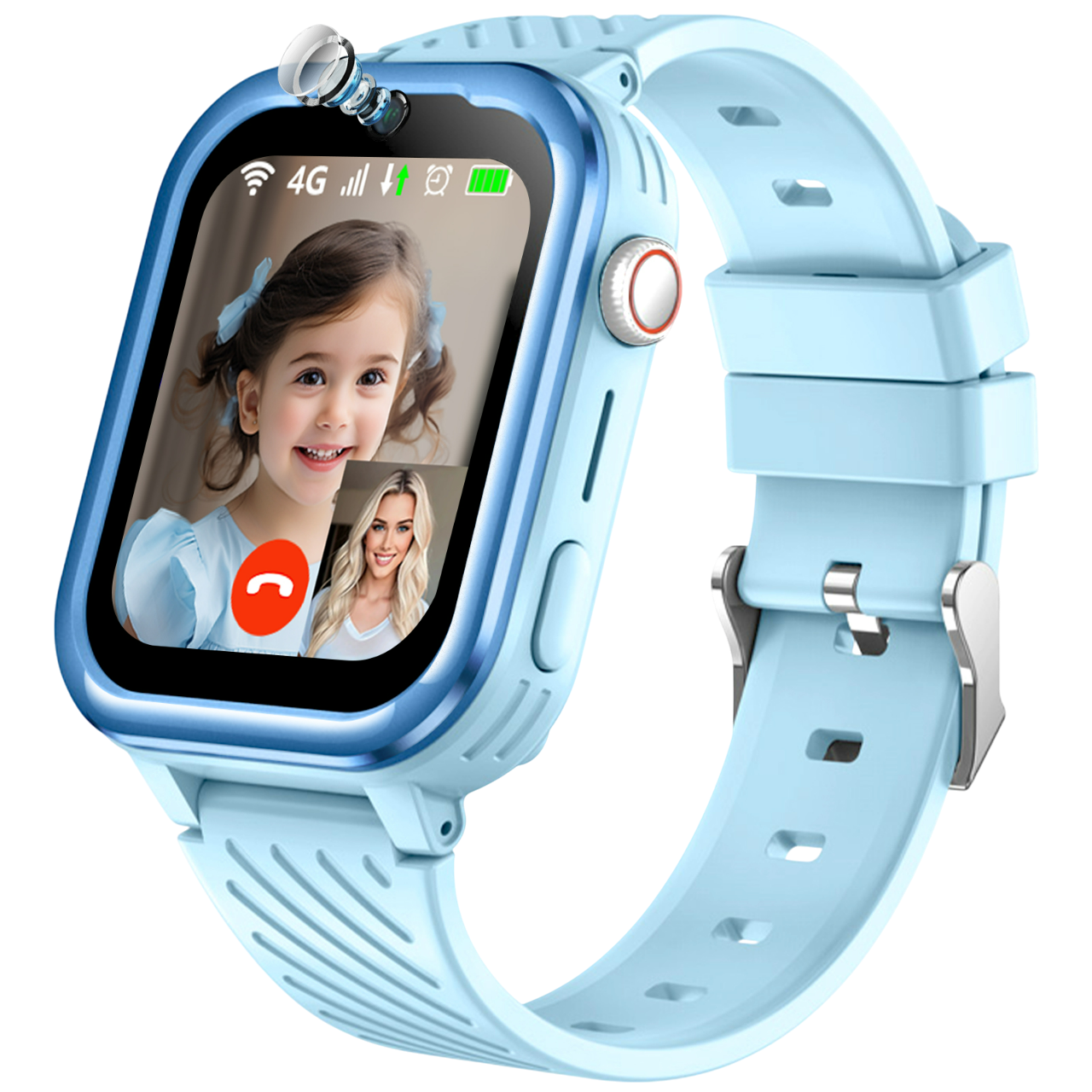 Smartwatch mit jungem Mädchen auf dem Bildschirm. Das Band ist hellblau.