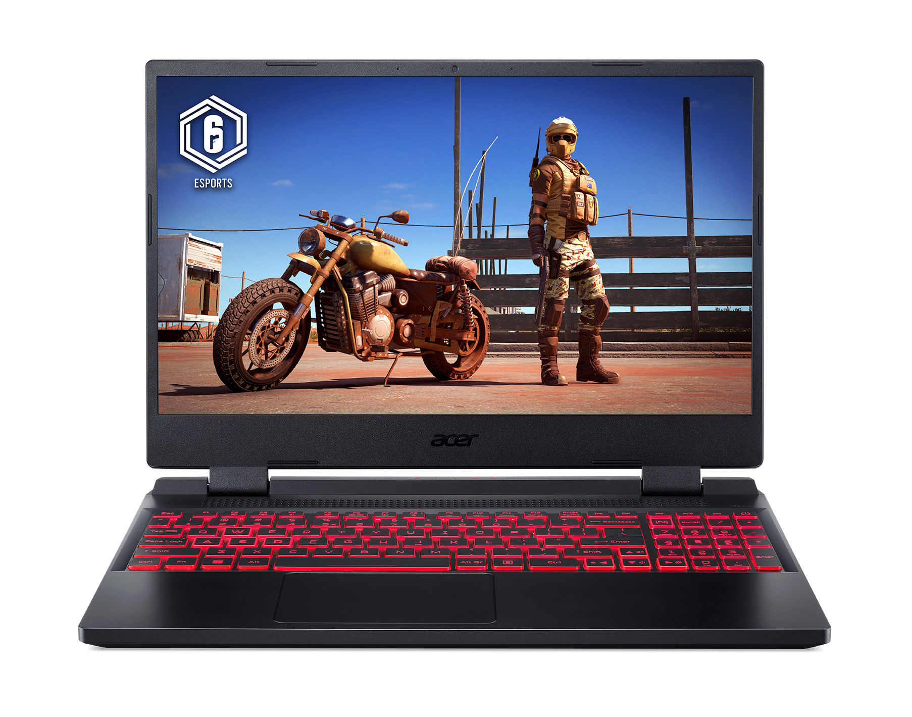 Acer Gaming-Laptop, offen, zeigt Spielszene mit Motorrad und Soldat. Rote Hintergrundbeleuchtung.
